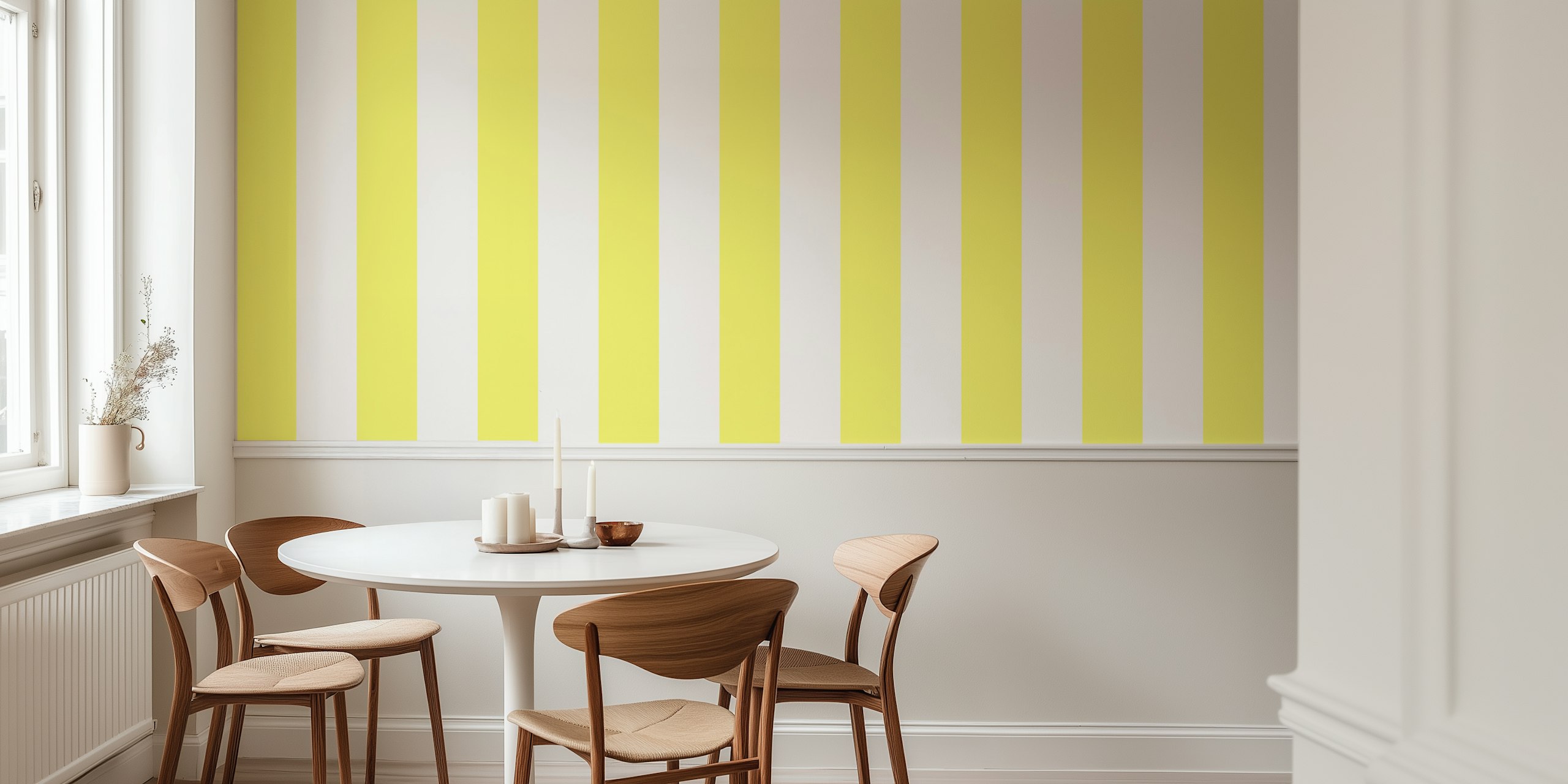 Yellow and white striped wallpaper in pastel colors