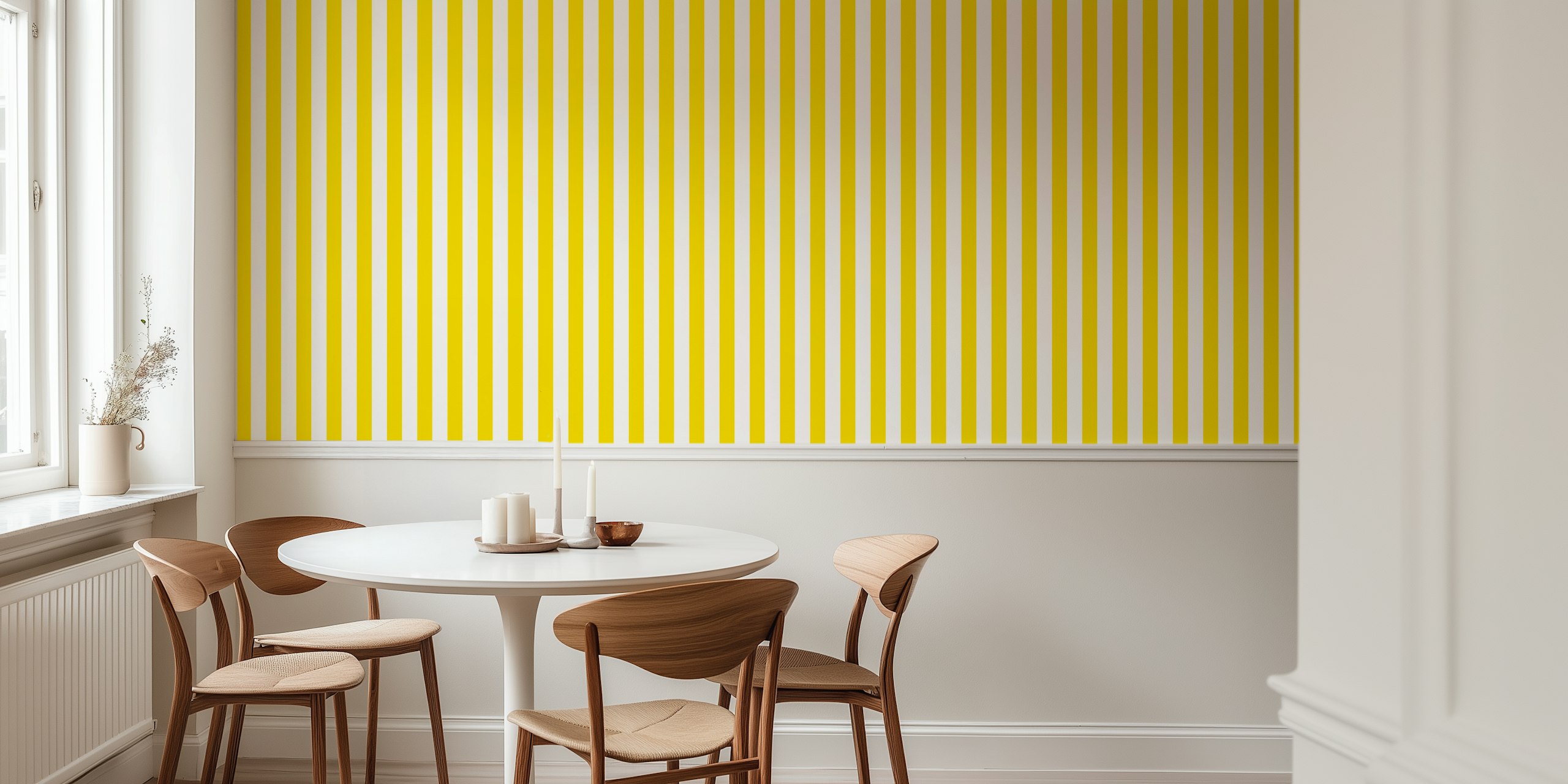 Bright yellow and white vertical striped wallpaper