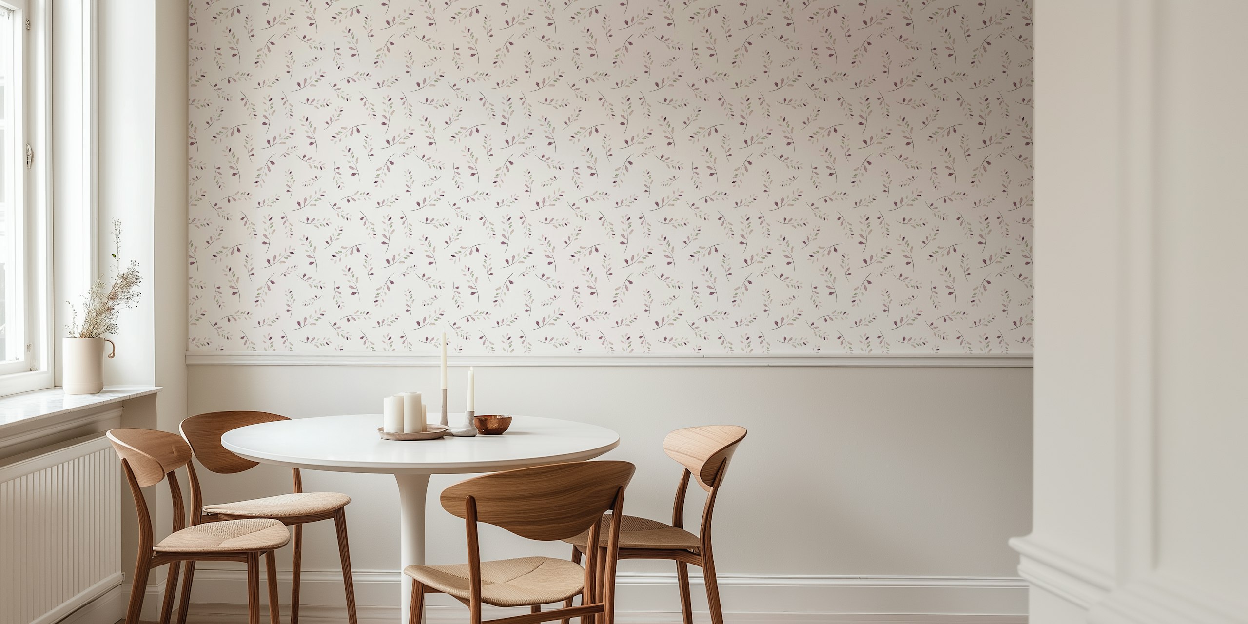 Delicate leafy design in purple and green tones on white wallpaper