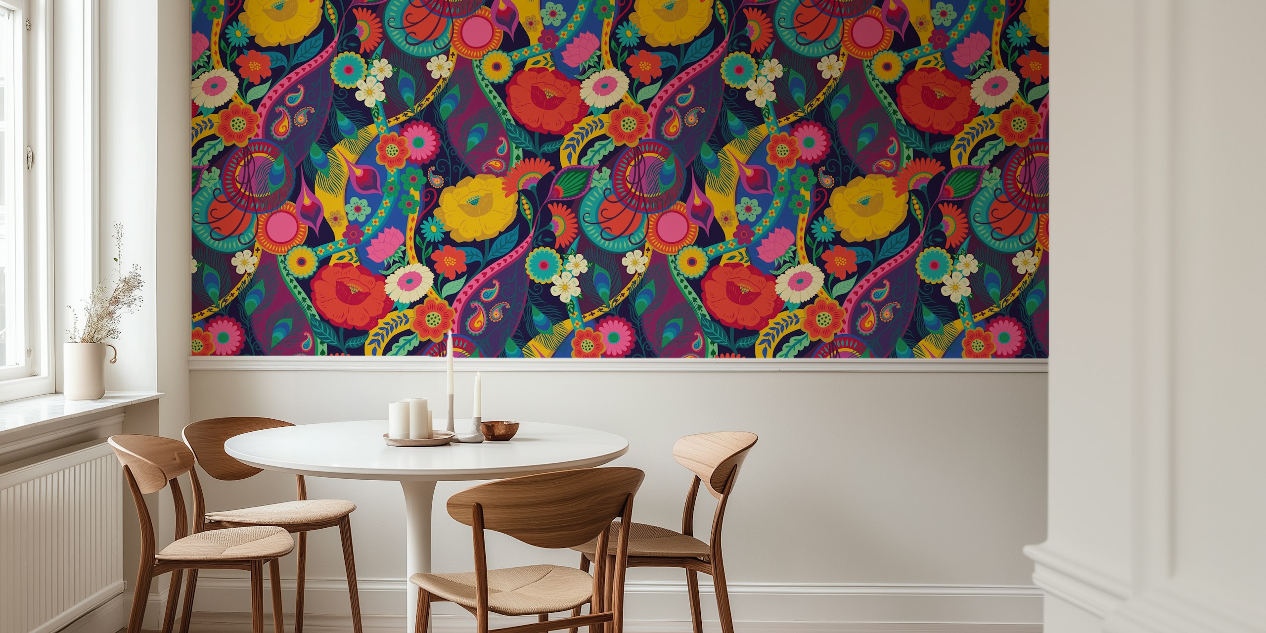 Opulent Bohemian 70s Glam Floral wallpaper in a room