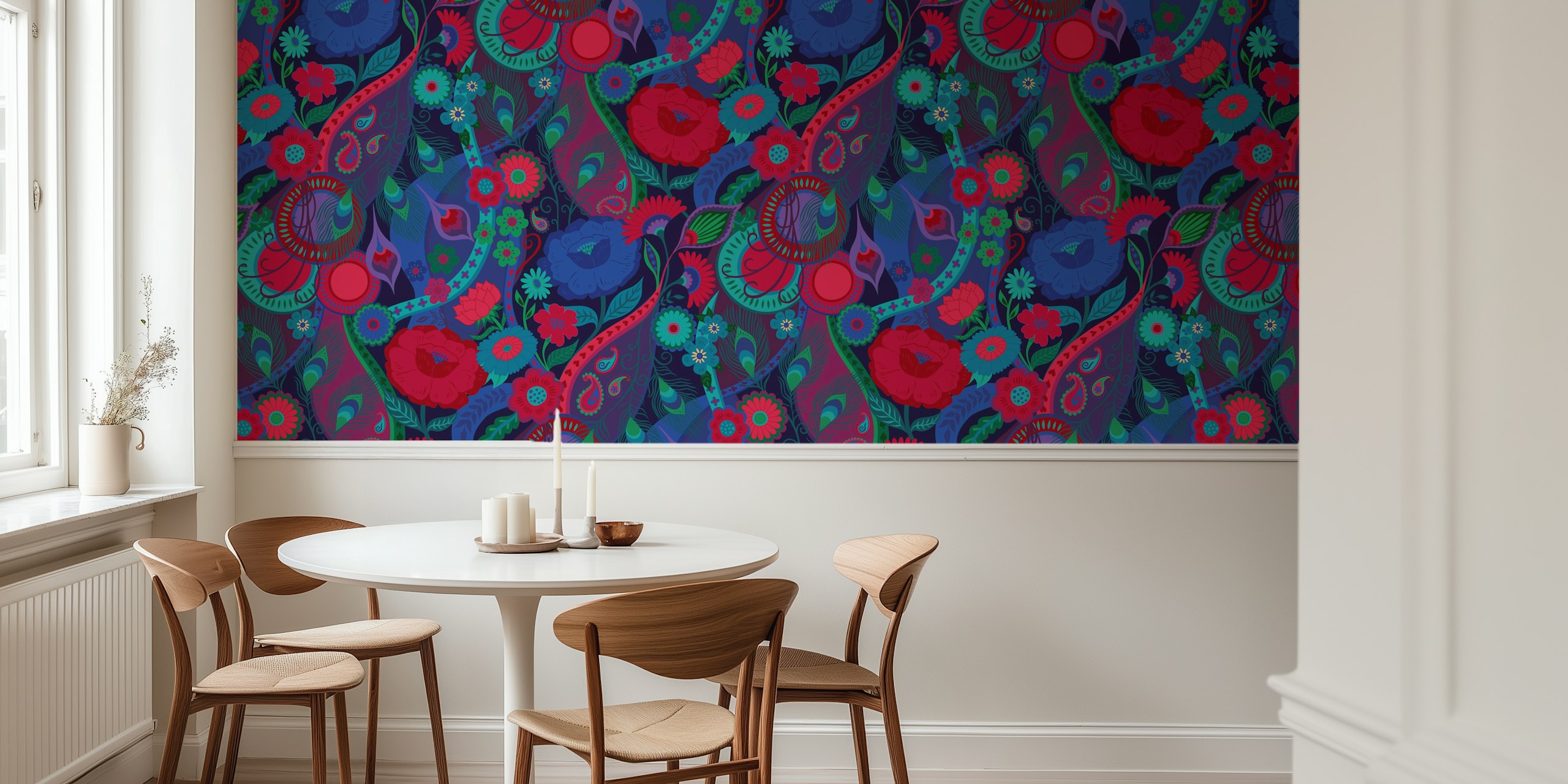 Colorful floral wallpaper in a room