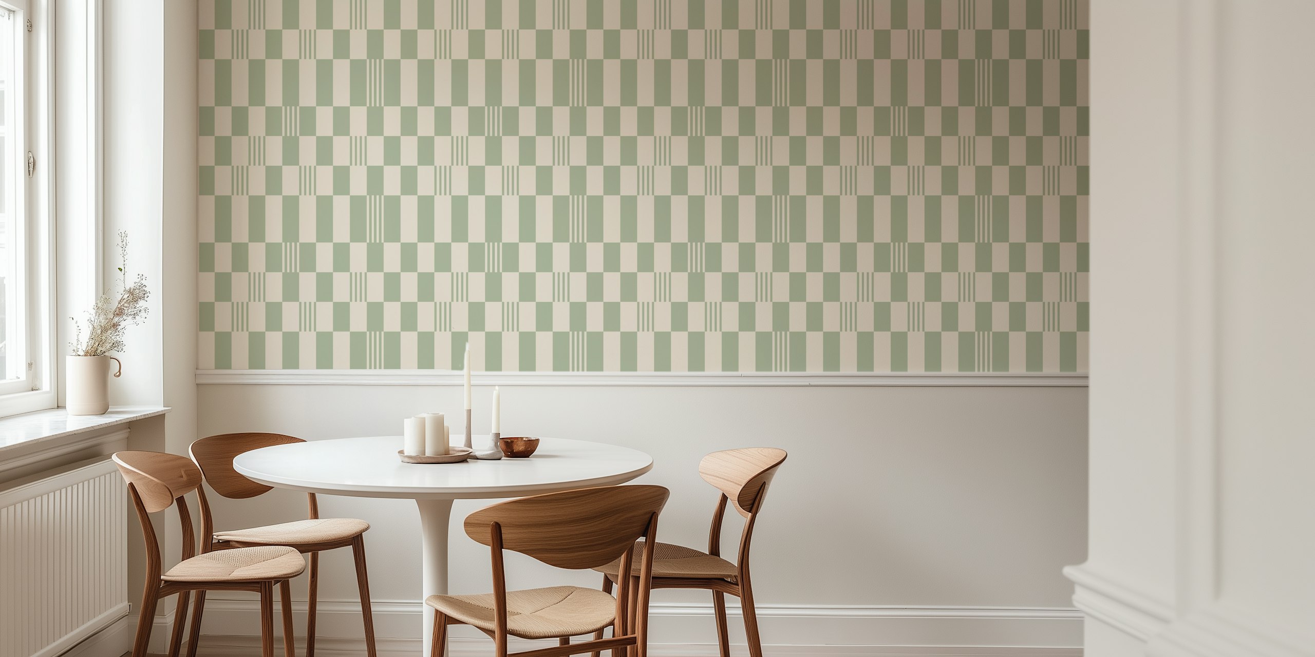 Sage green and cream checkered pattern wallpaper