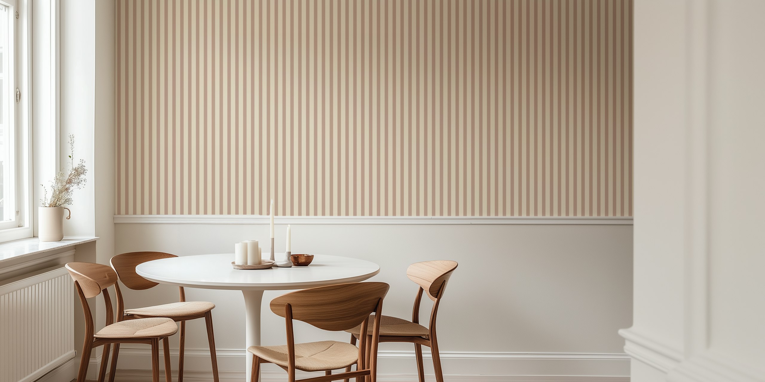 Classic thin stripes dark beige wallpaper in a room