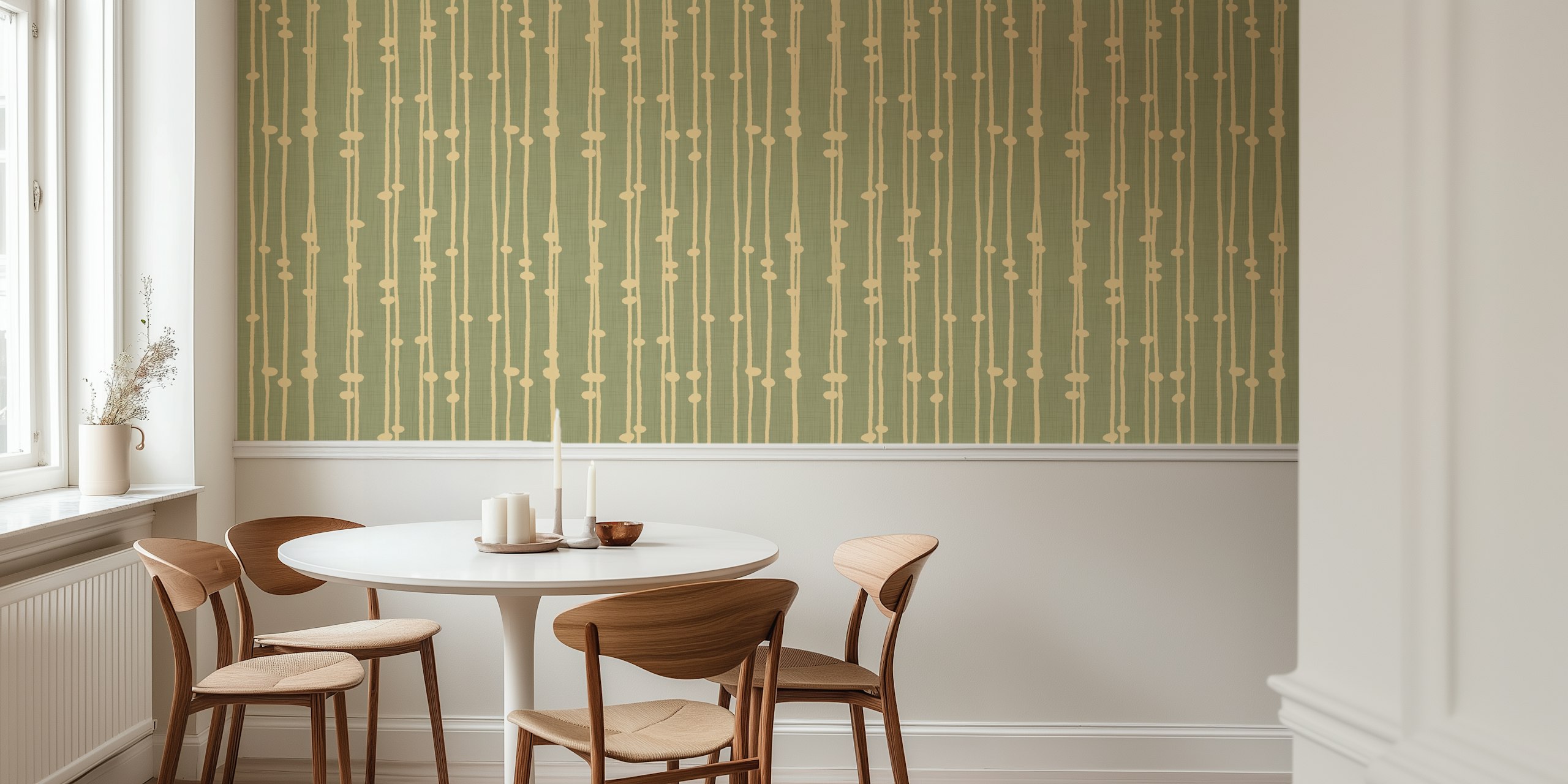 Boho striped wallpaper in green and cream colors with a textured design