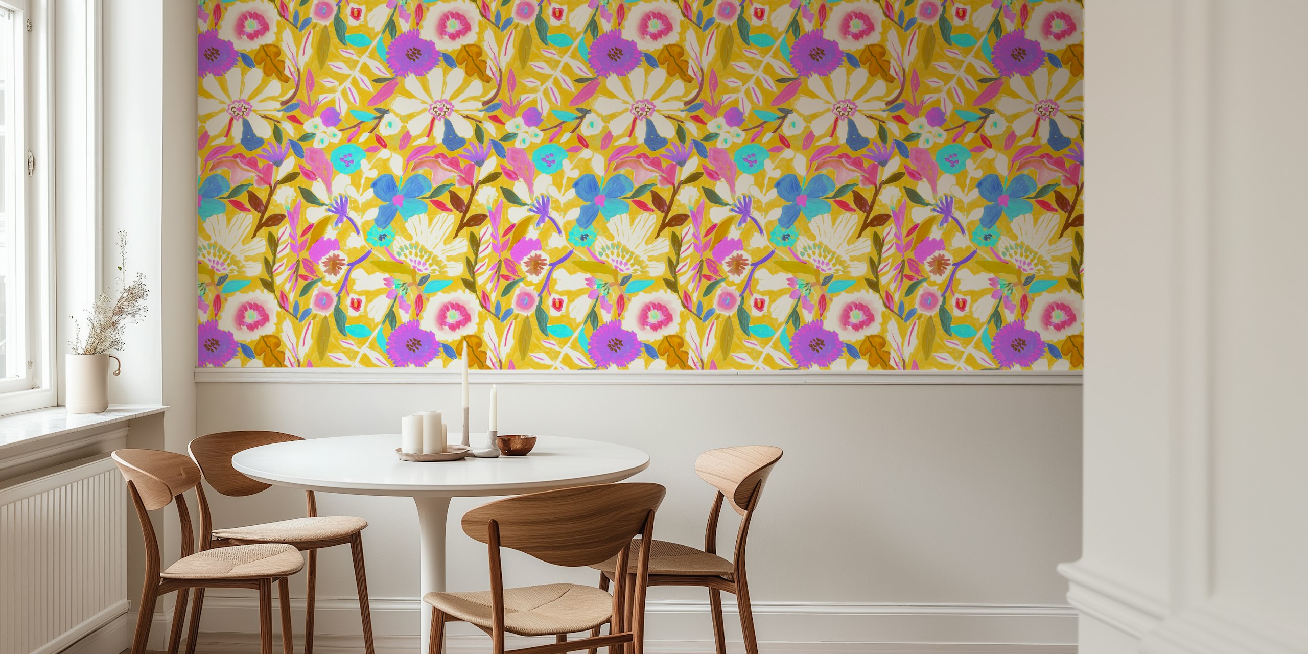 Vibrant watercolor floral design with yellow background wallpaper