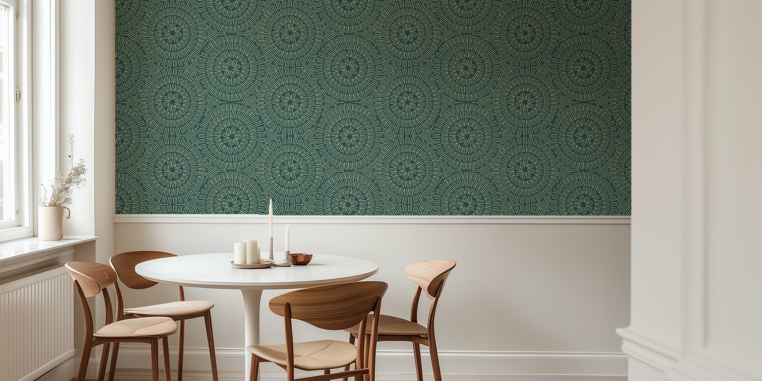 Geometric lines and circles in dark green and light beige wallpaper
