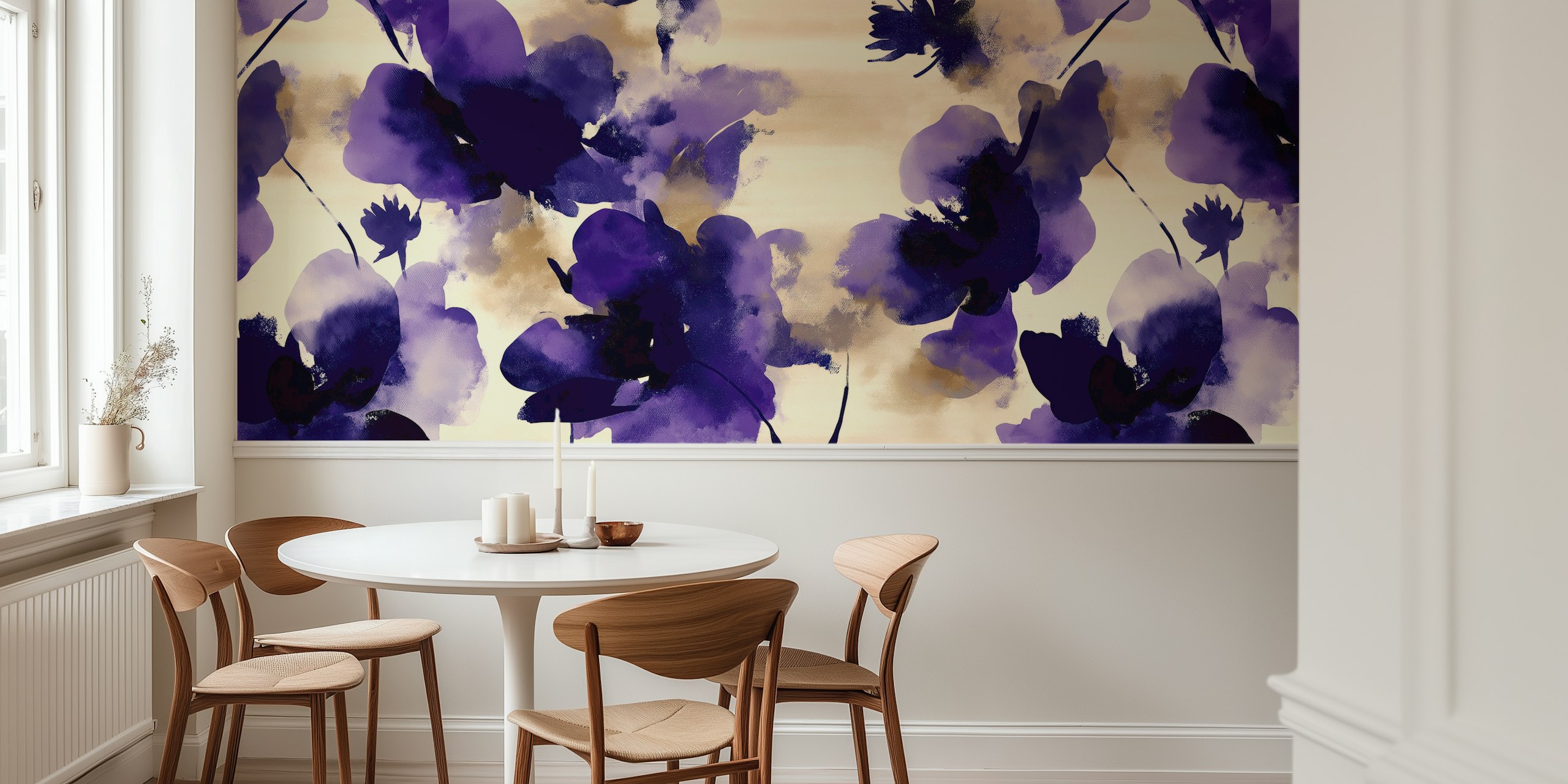 Violet Watercolor Floral Dream tapetudstilling i et rum