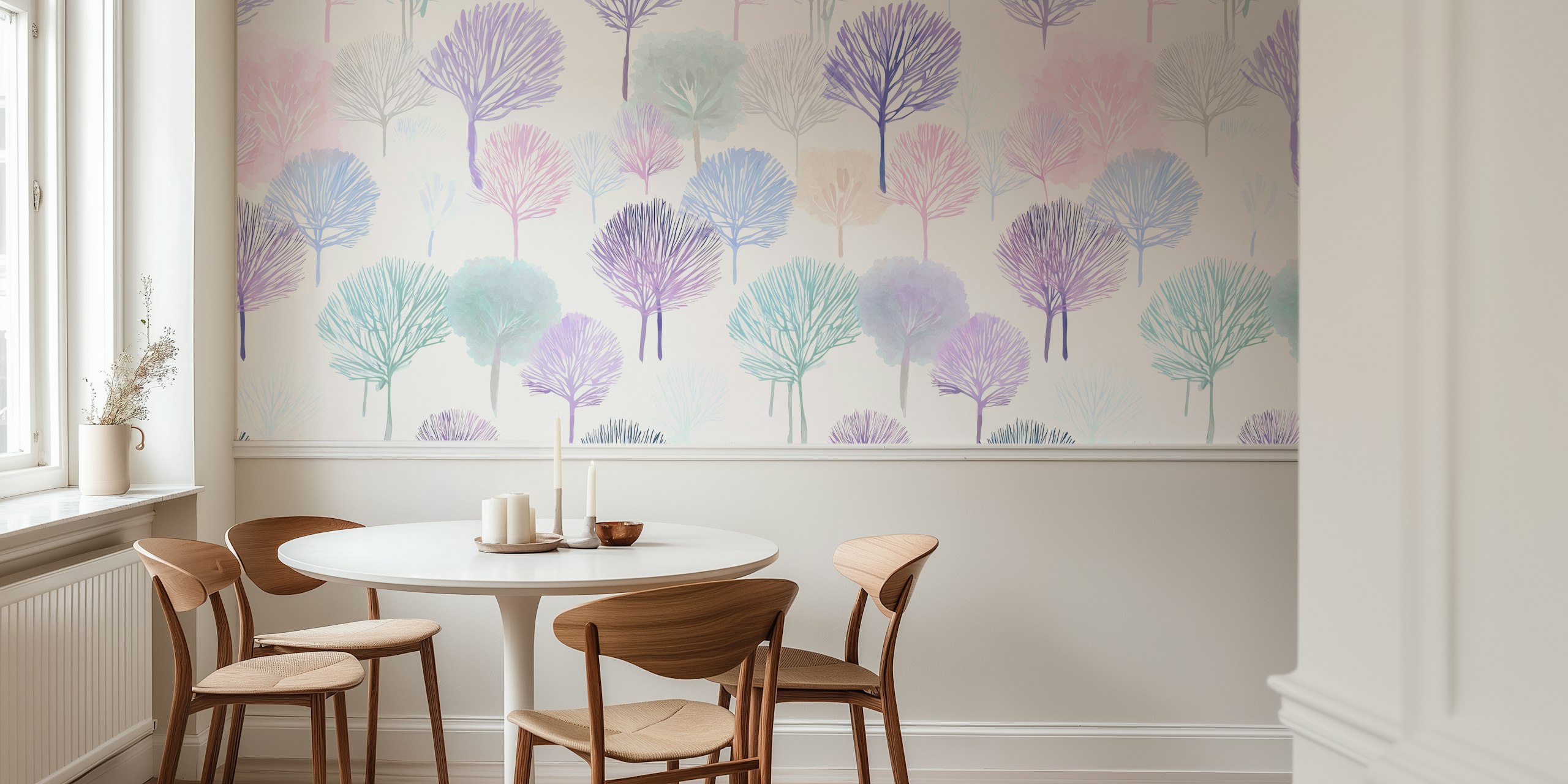 Carta da parati foresta acquerello pastello in una stanza