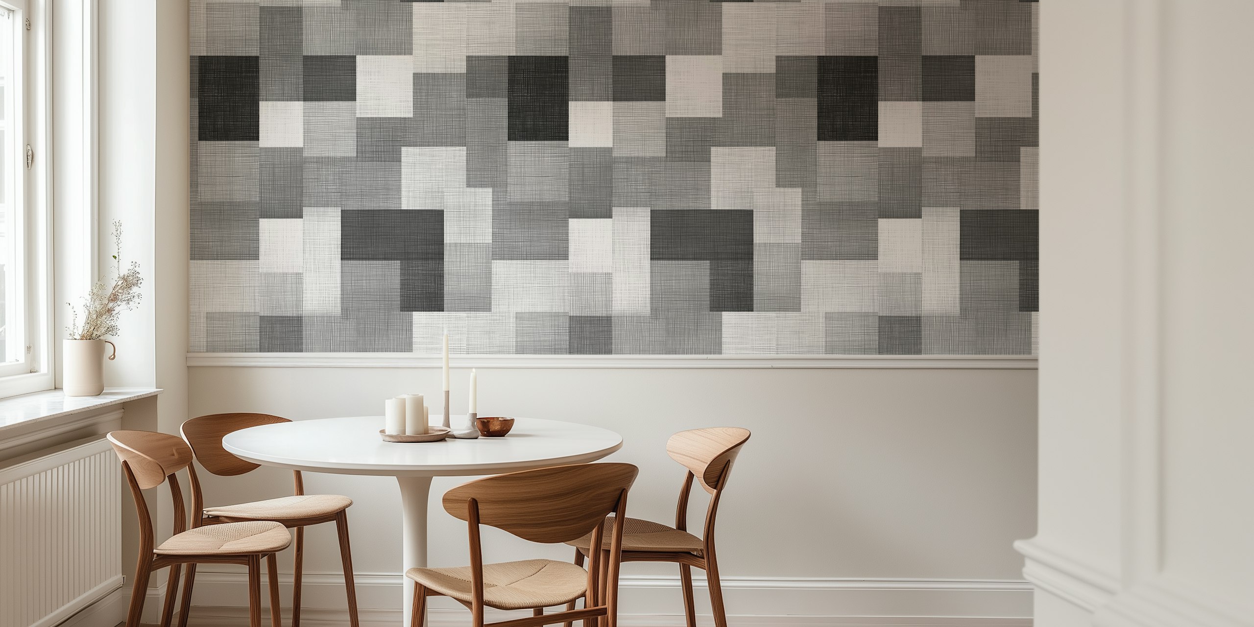 Papel de parede Monochrome Grid Harmony em um quarto