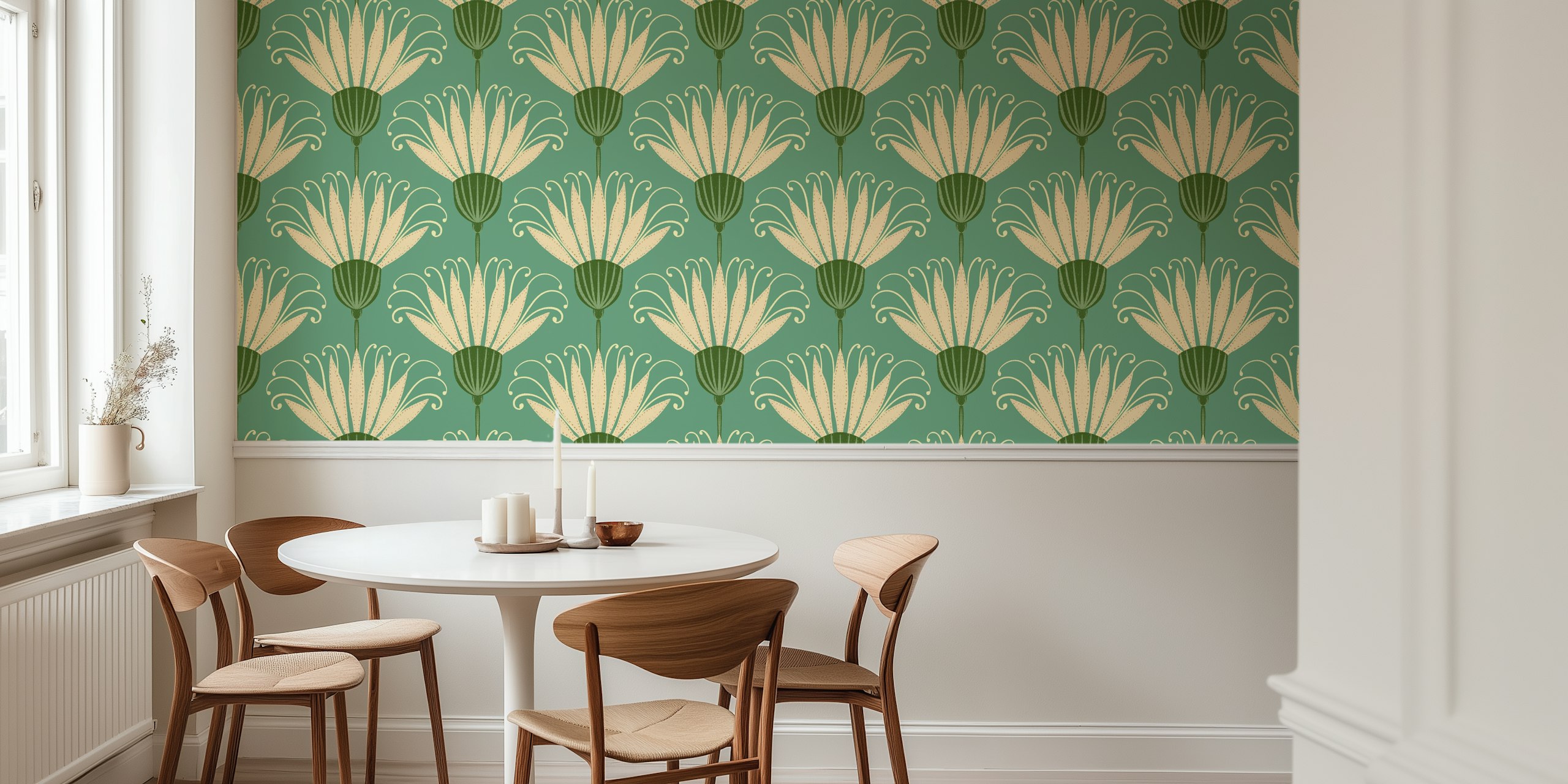 Soft Jade Green Retro Floral Wallpaper Design