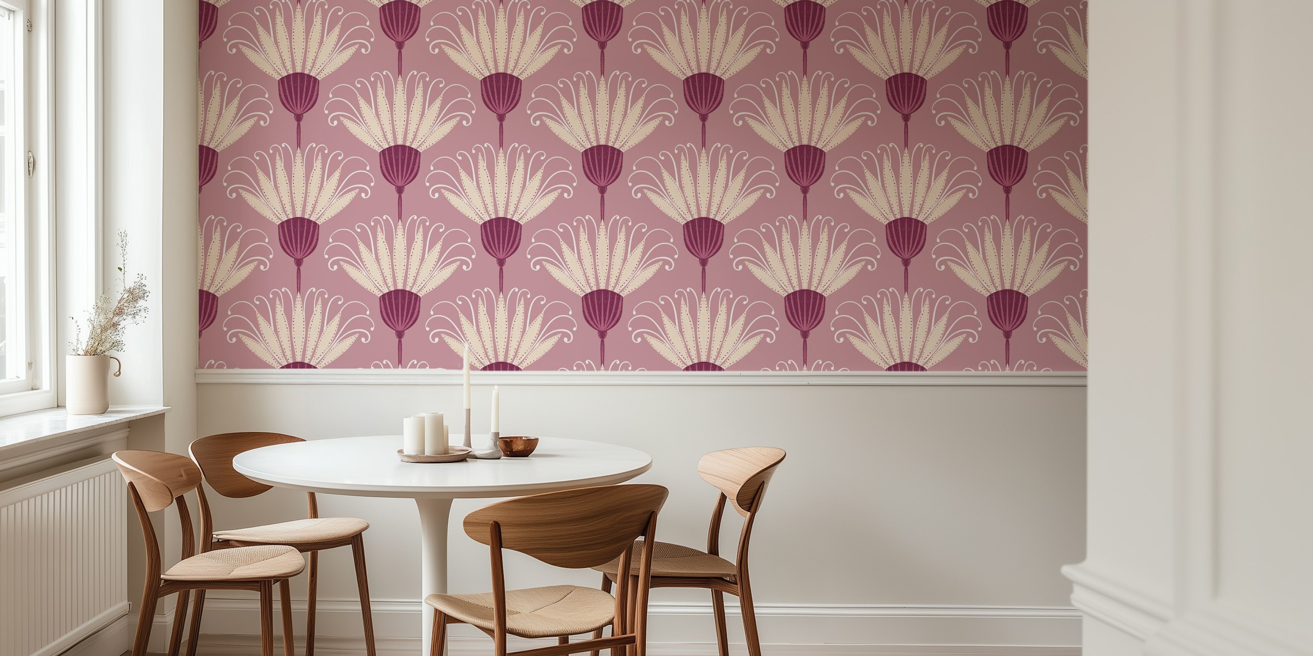 Large plum purple retro floral wallpaper with cream flowers