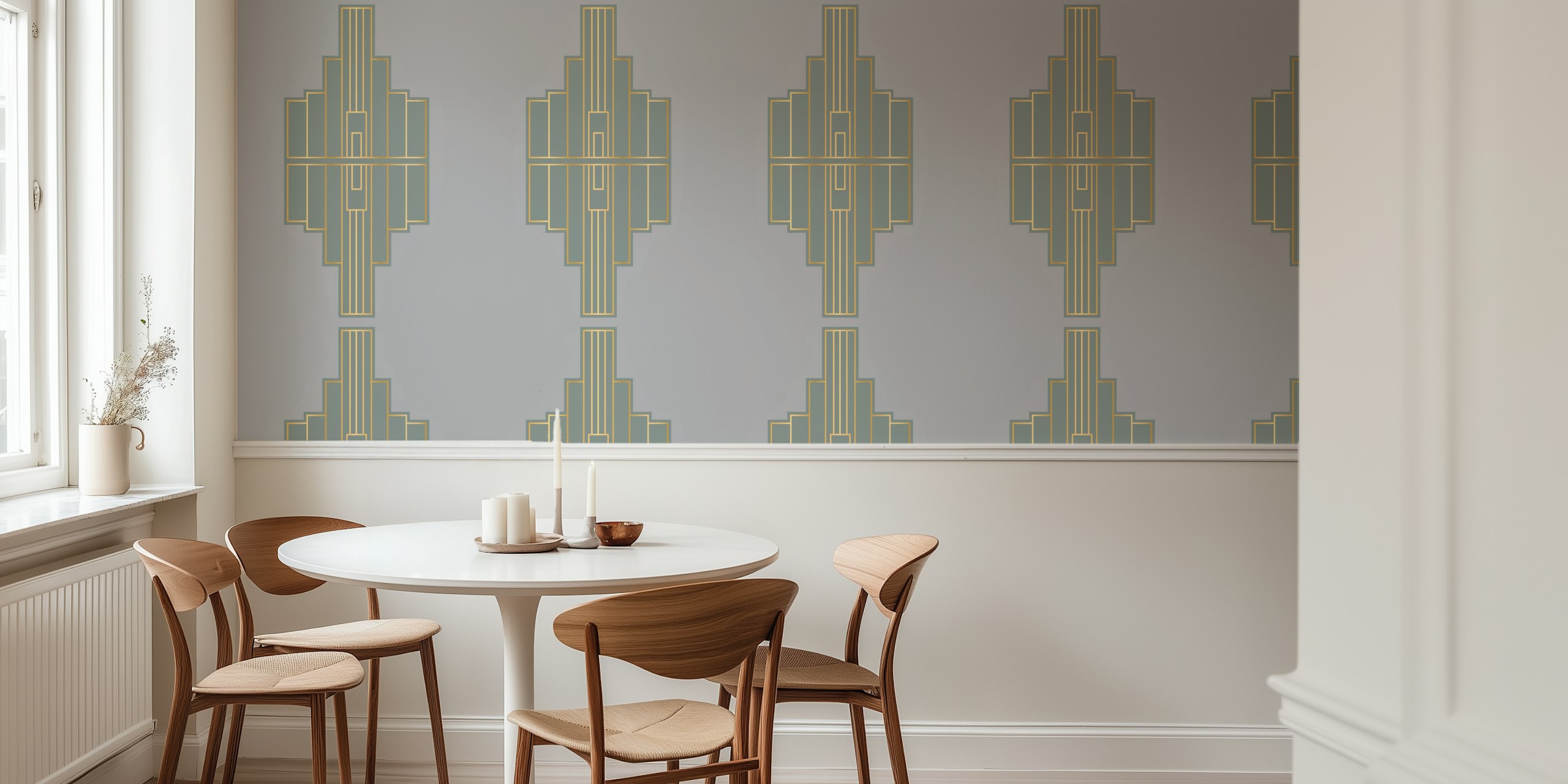 Art Deco inspired wall mural with grey background and gold geometric pattern