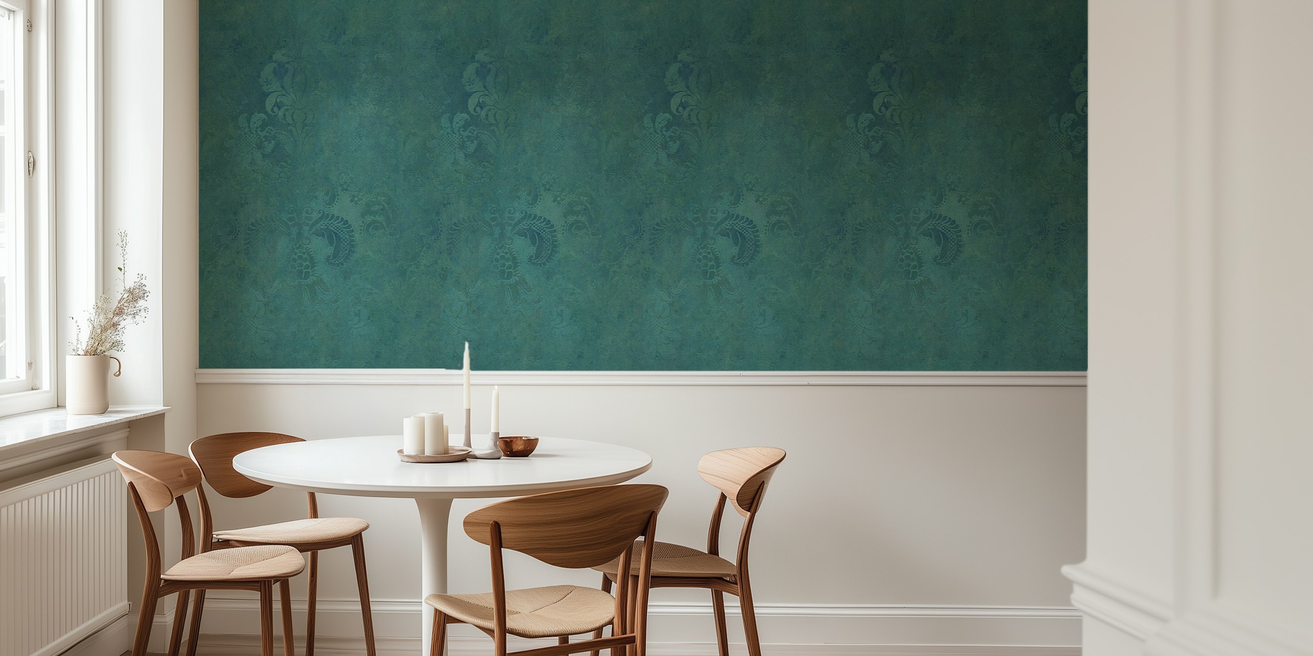 Grunge Damask Pattern -seinämaalaus Viridian Green -väristä teksturoitua ulkonäköä