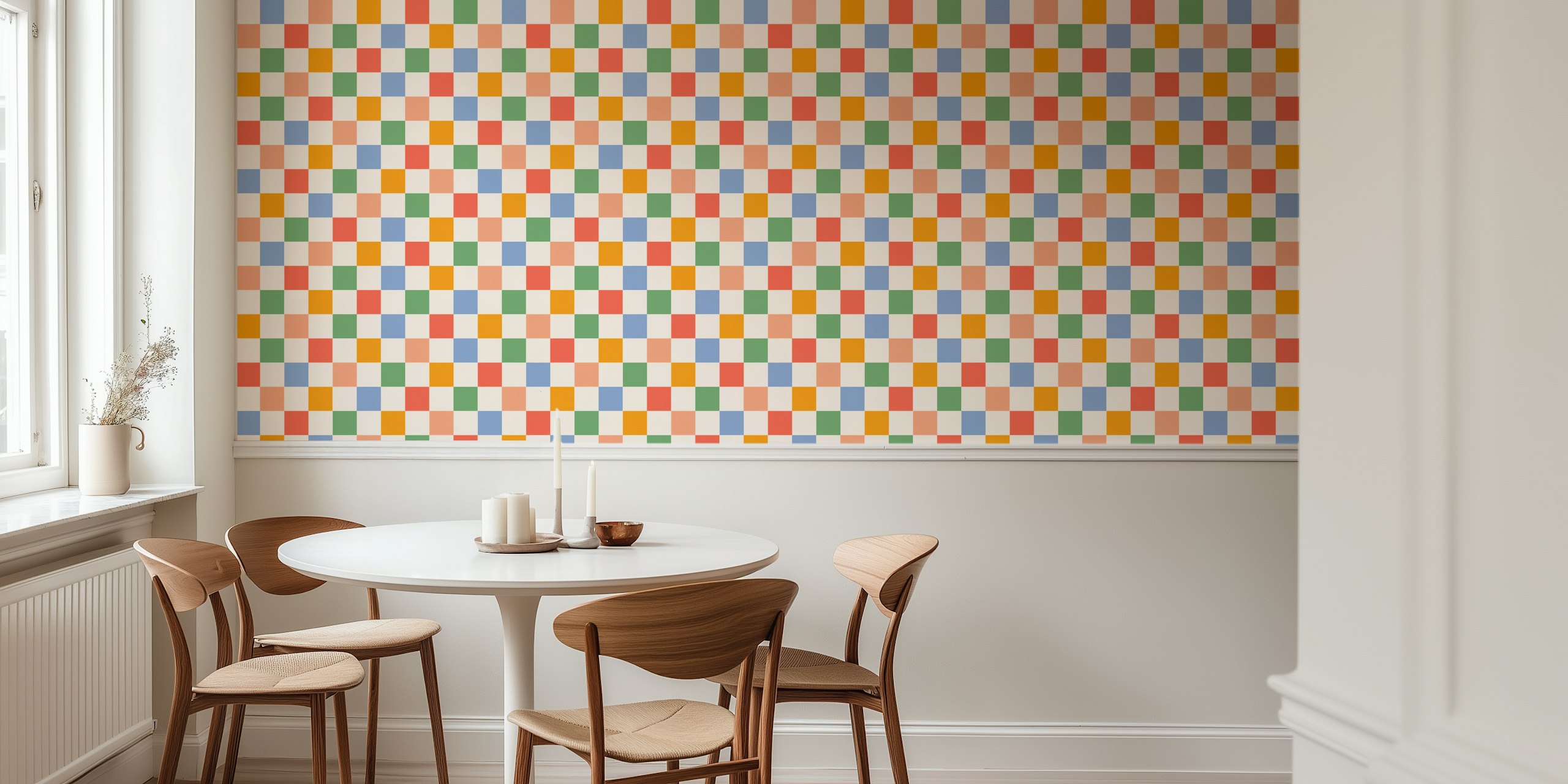 Colorful checkerboard pattern in orange, blue, green, and red wallpaper