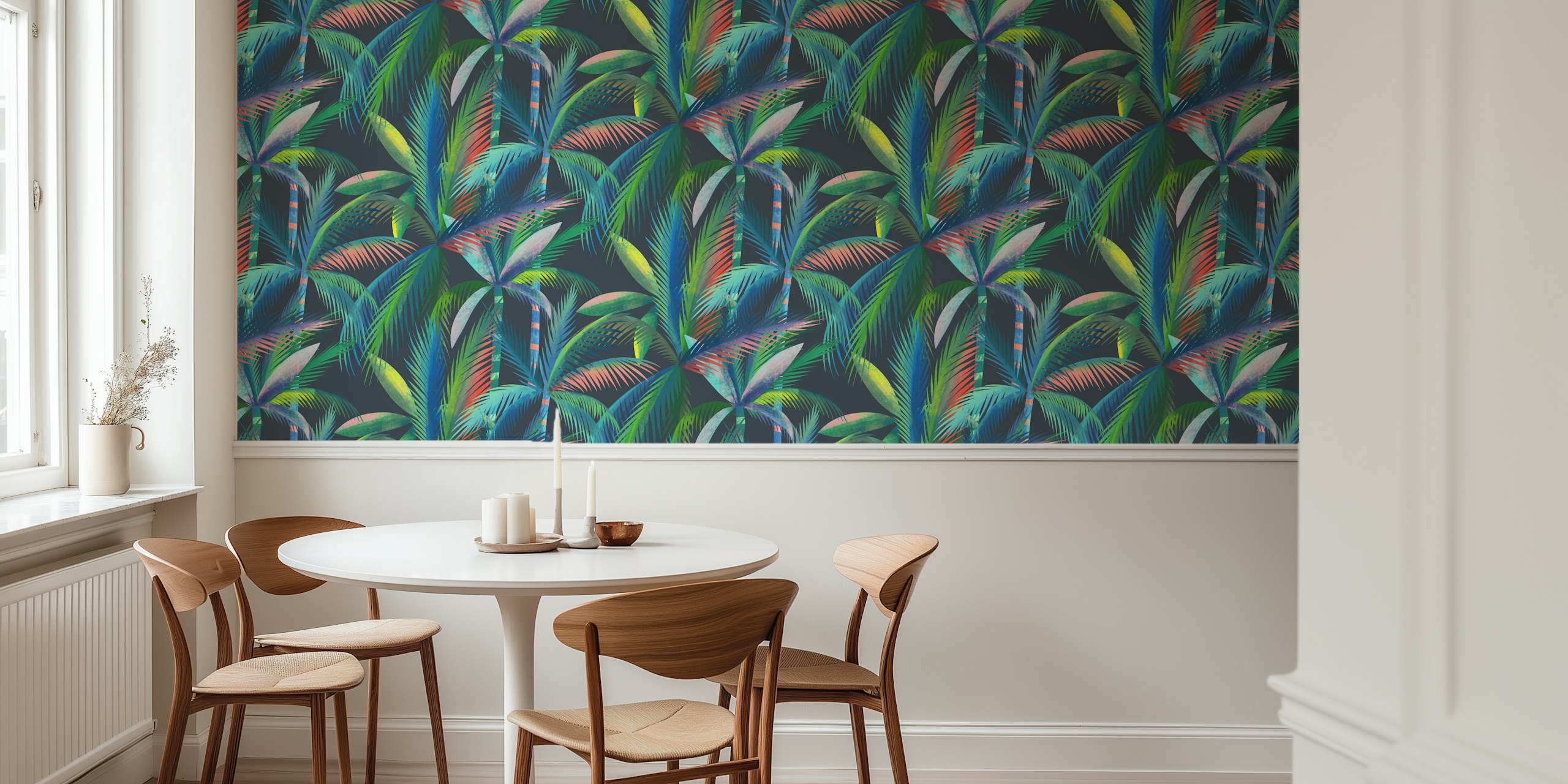 Lush jungle palm trees wallpaper in a room