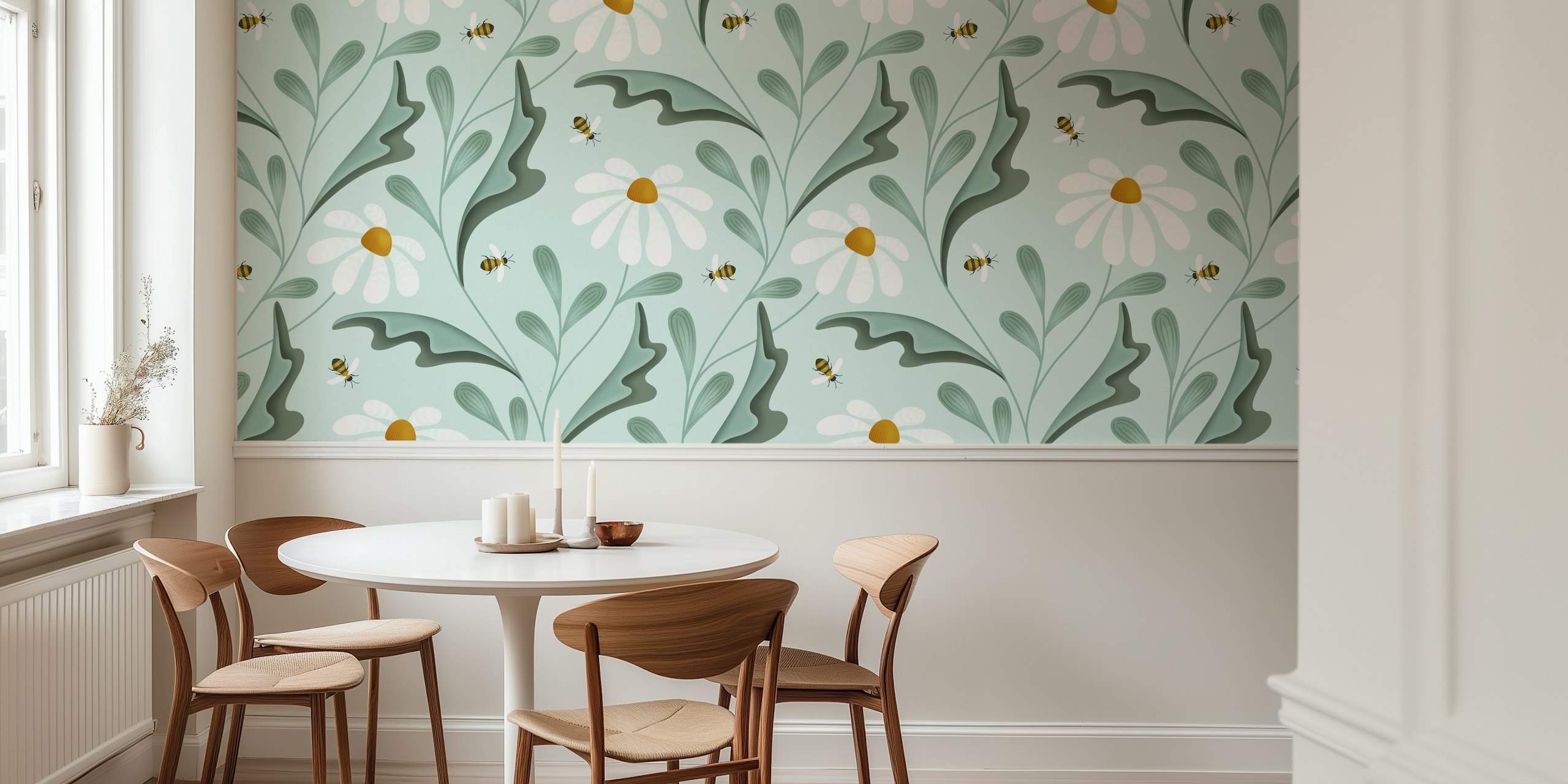 Floral design featuring bees and daisies on mint background wallpaper