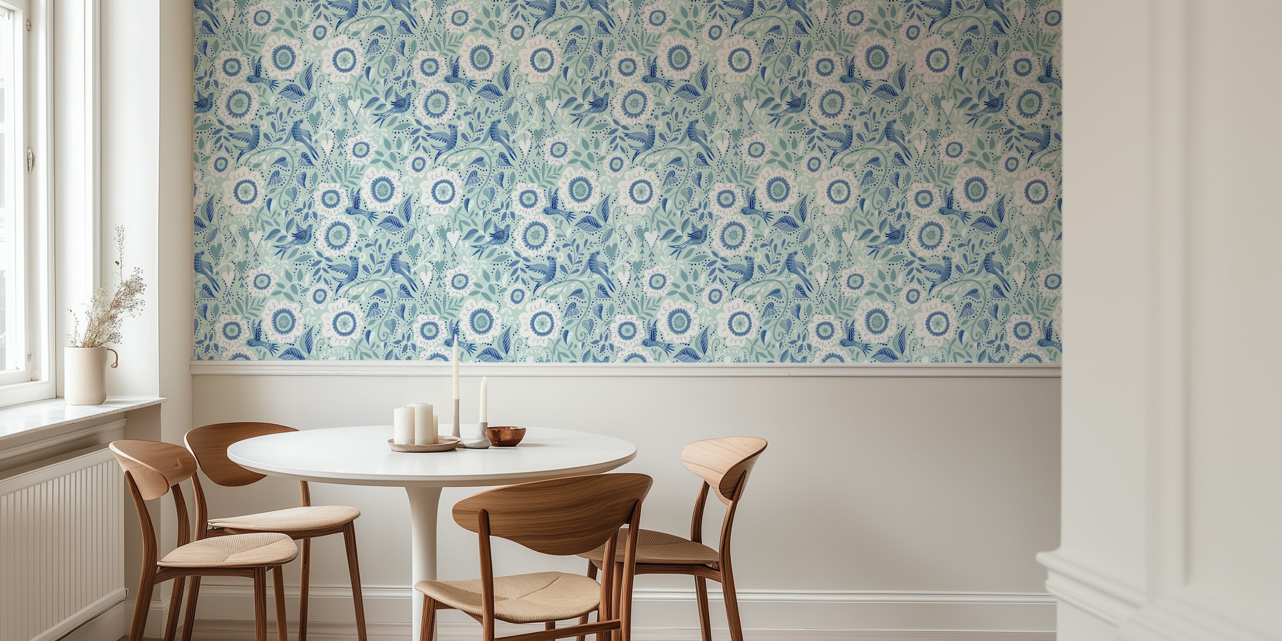Blue birds and white flowers on mint background wallpaper