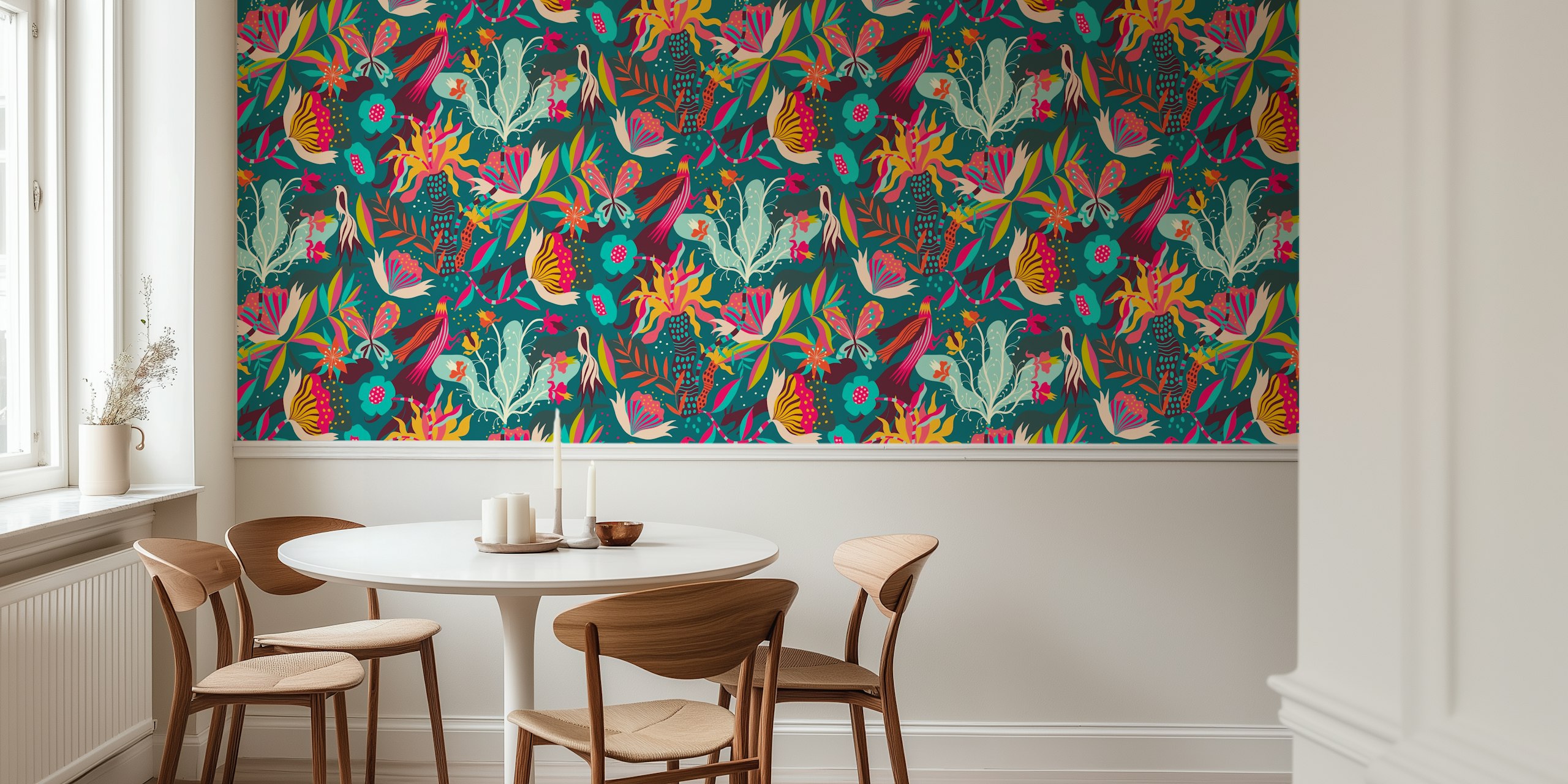 fantastic jungle teal papel de parede em um quarto