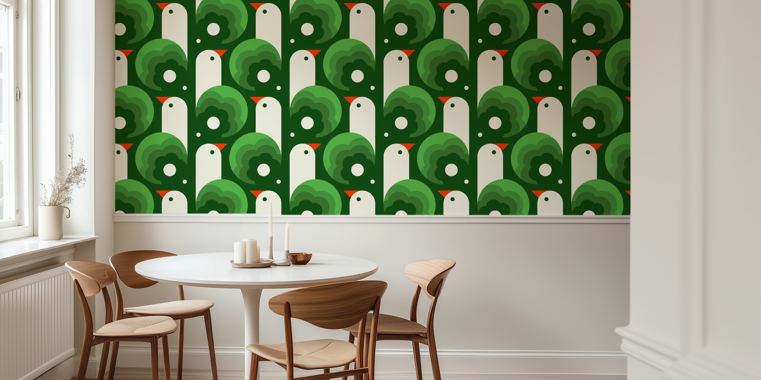 Green and white playful bird pattern wallpaper