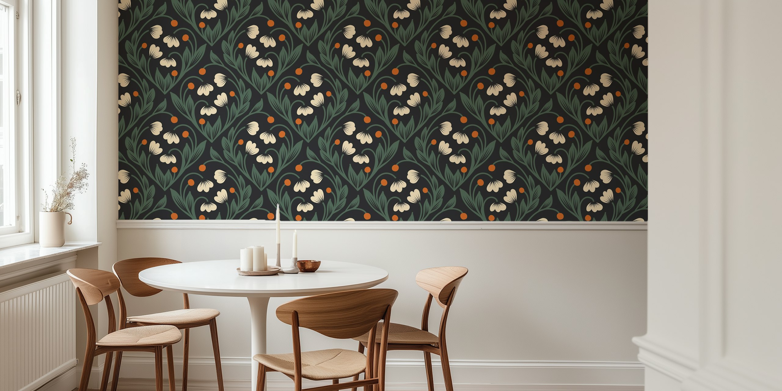 Floral pattern in cream and green on black wallpaper