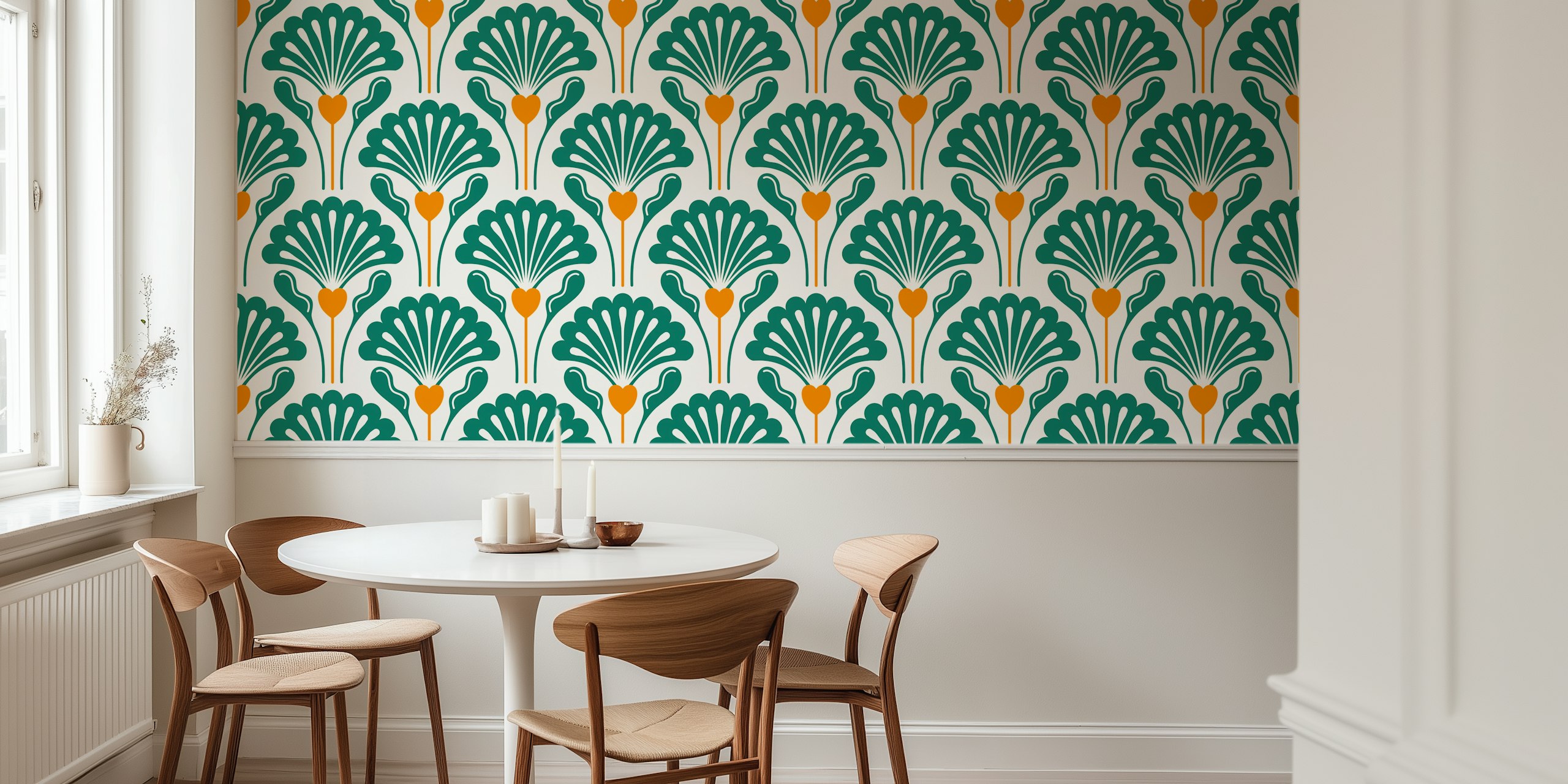 Floral patterns in green and orange on cream wallpaper