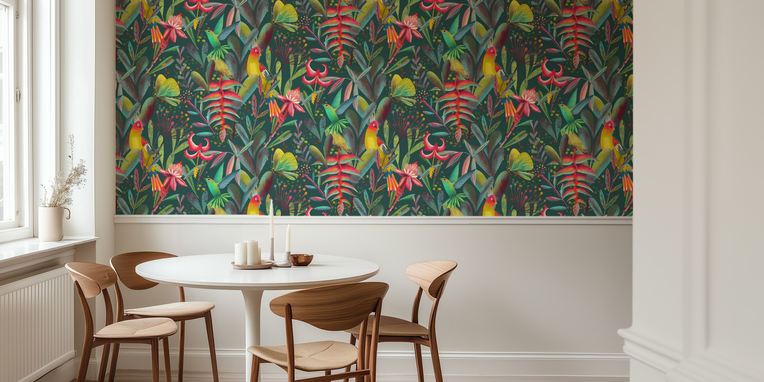 Vibrant jungle floral pattern with colorful birds and flowers wallpaper