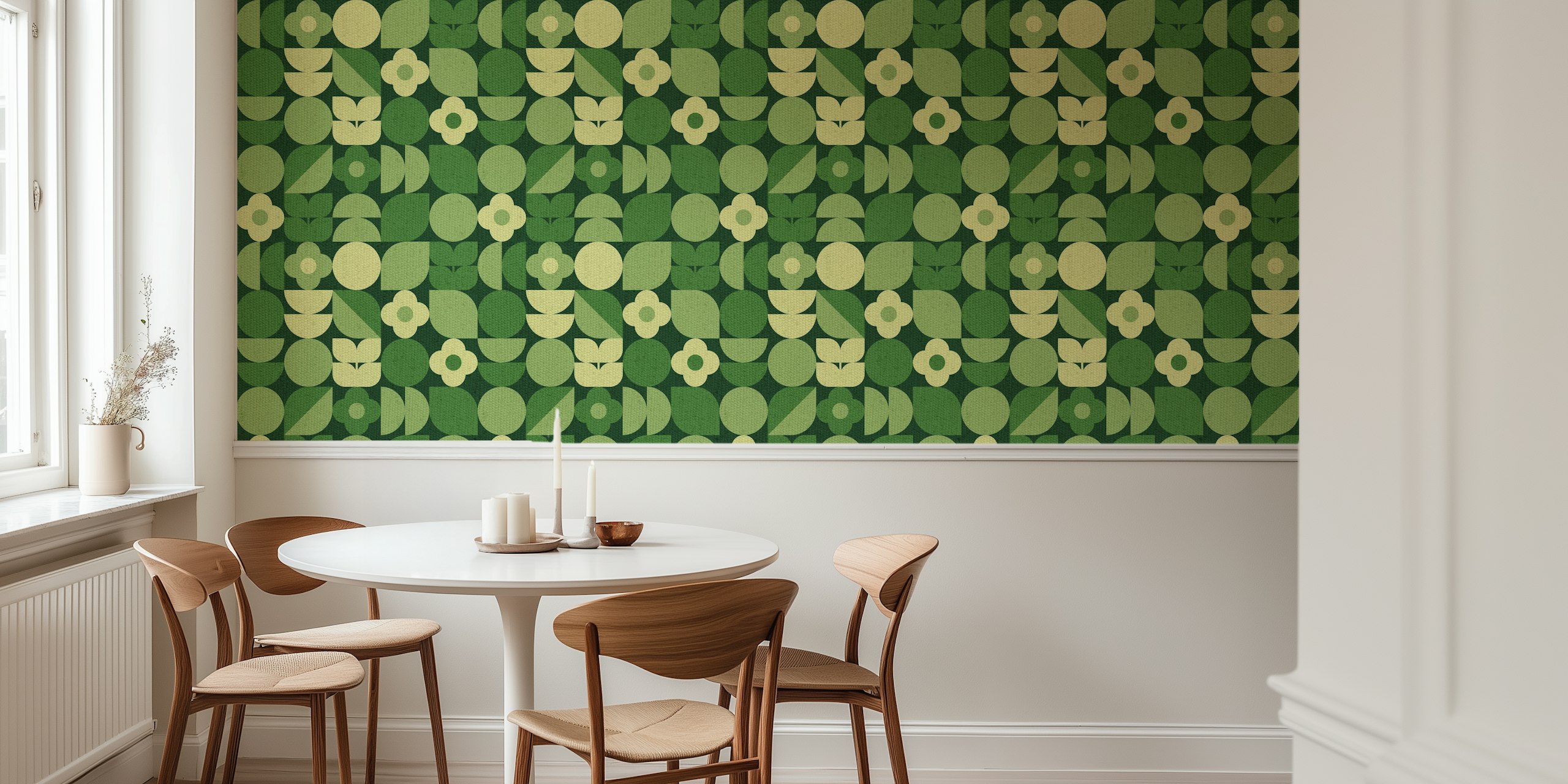 Diseño de papel pintado Geo Bauhaus Green Floral Shapes