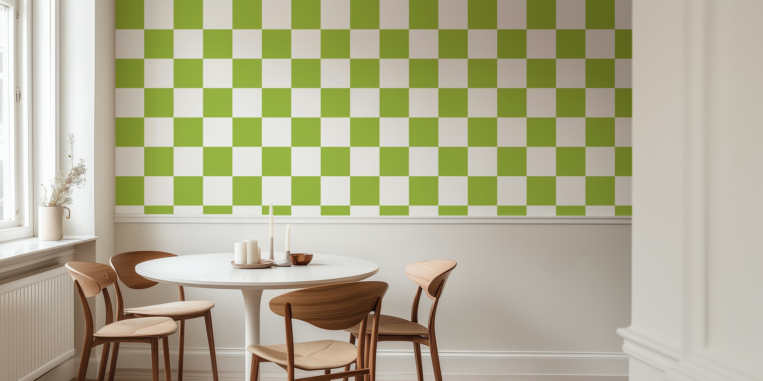 Diagonal checkerboard pattern wall mural in warm green and white shades