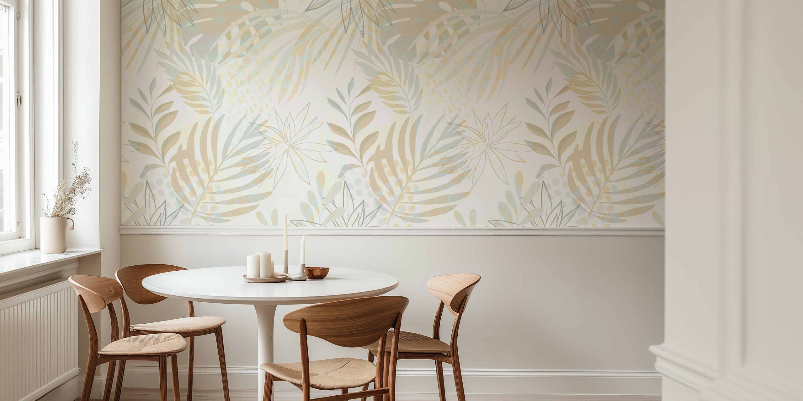 Soft green tropical floral wallpaper with leaf patterns