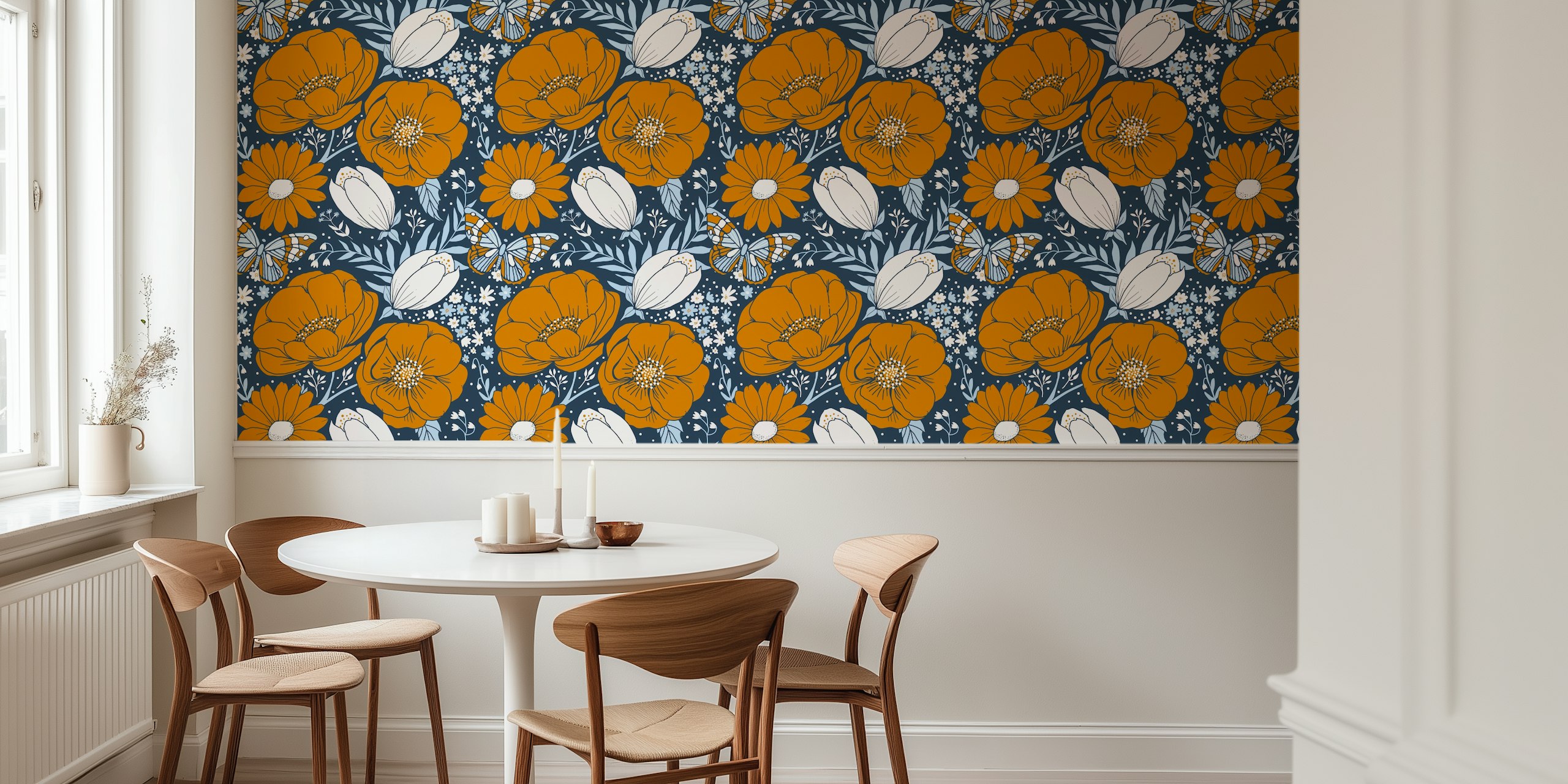 Colorful orange flowers and white buds on navy blue wallpaper