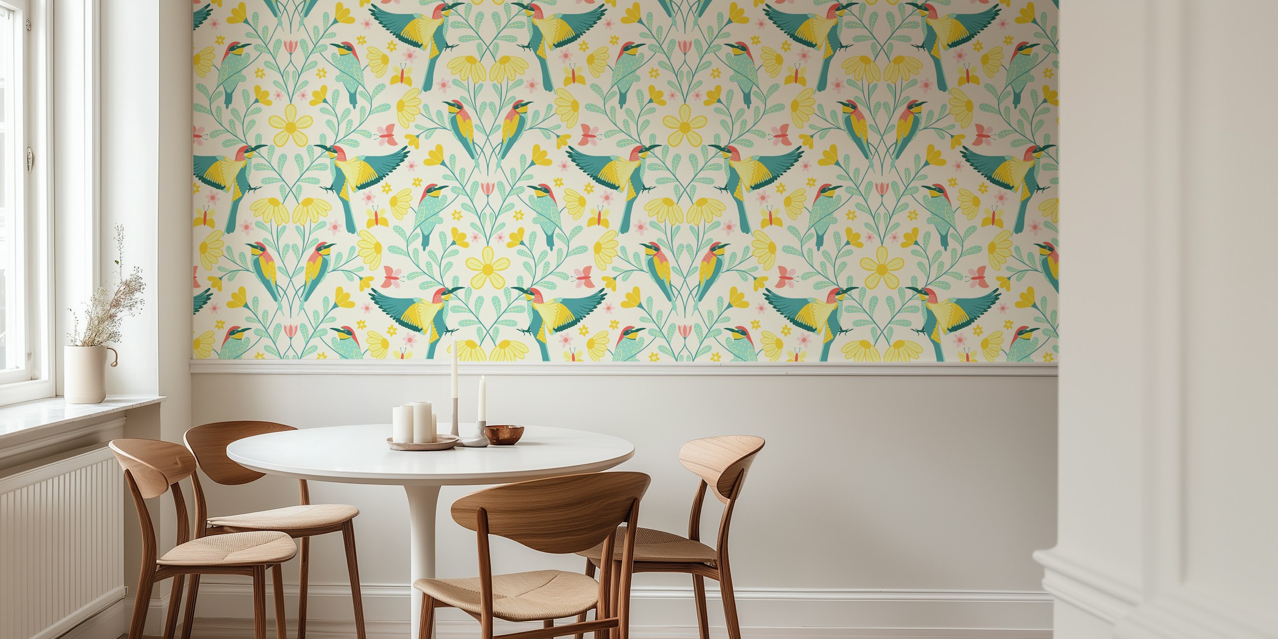 Bee-eater birds with yellow and pink flowers on cream background wallpaper