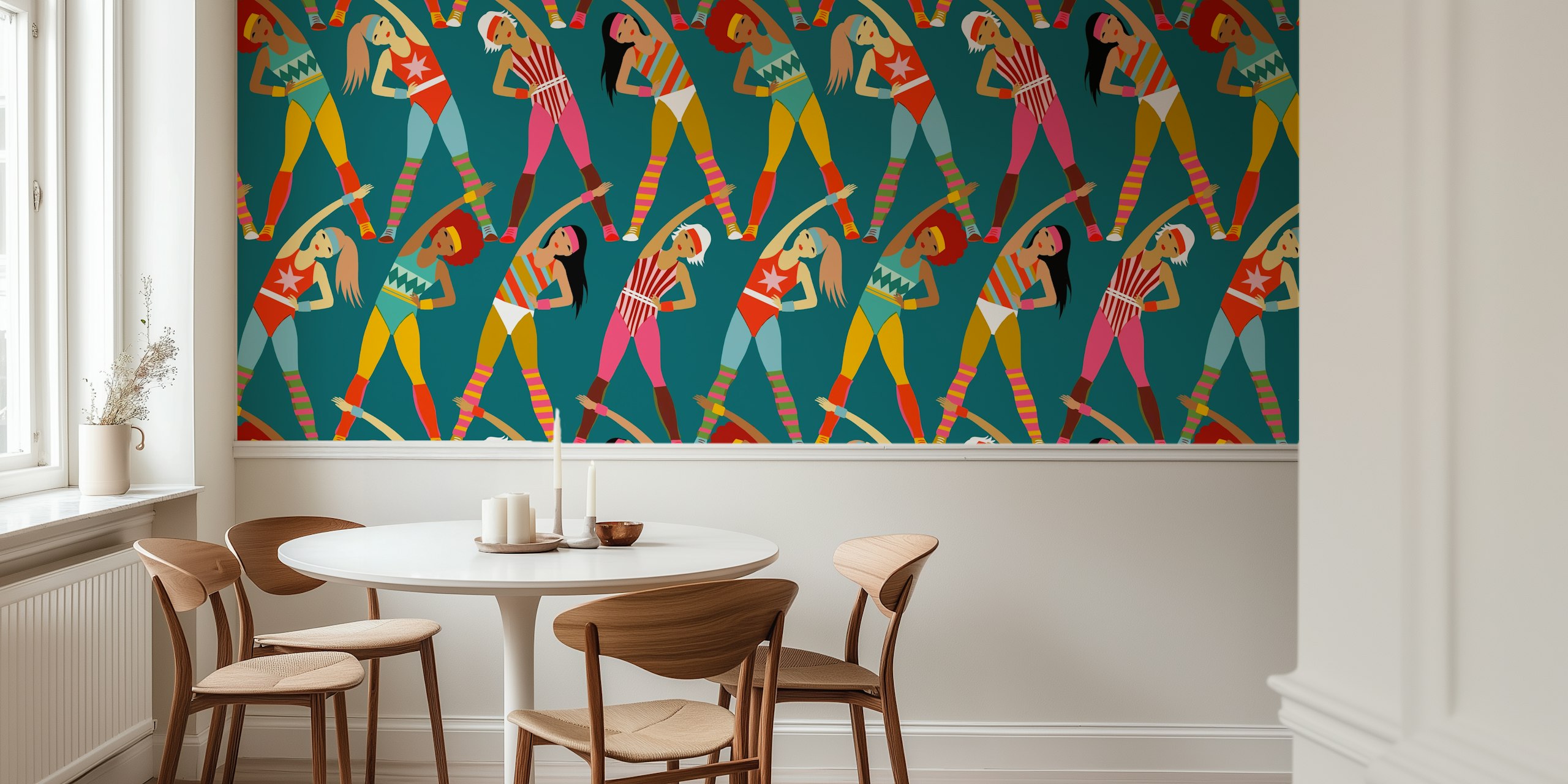 Colorful retro aerobic workout wallpaper with women exercising in vibrant outfits