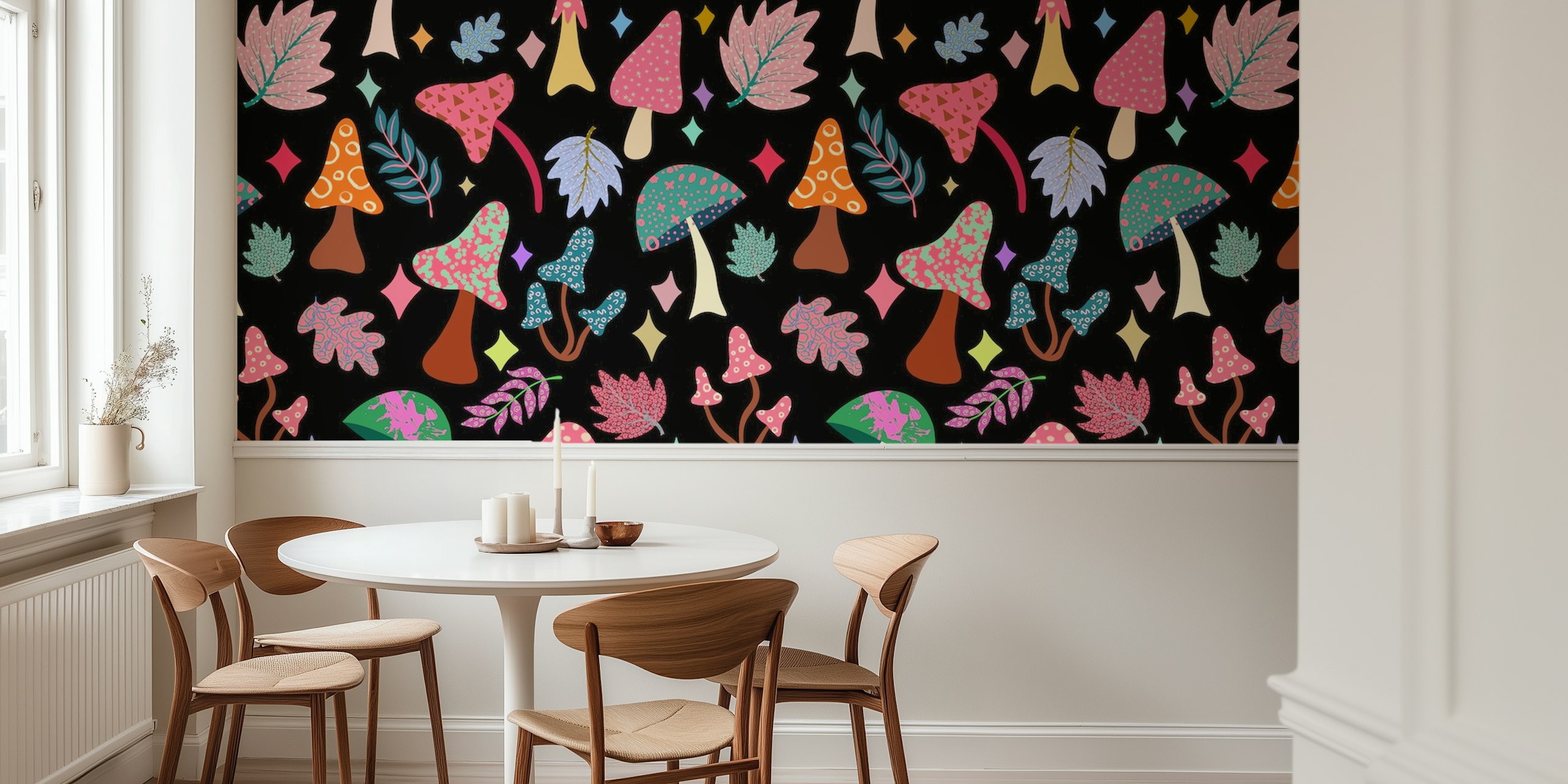 Cute mushroom art wallpaper in a room