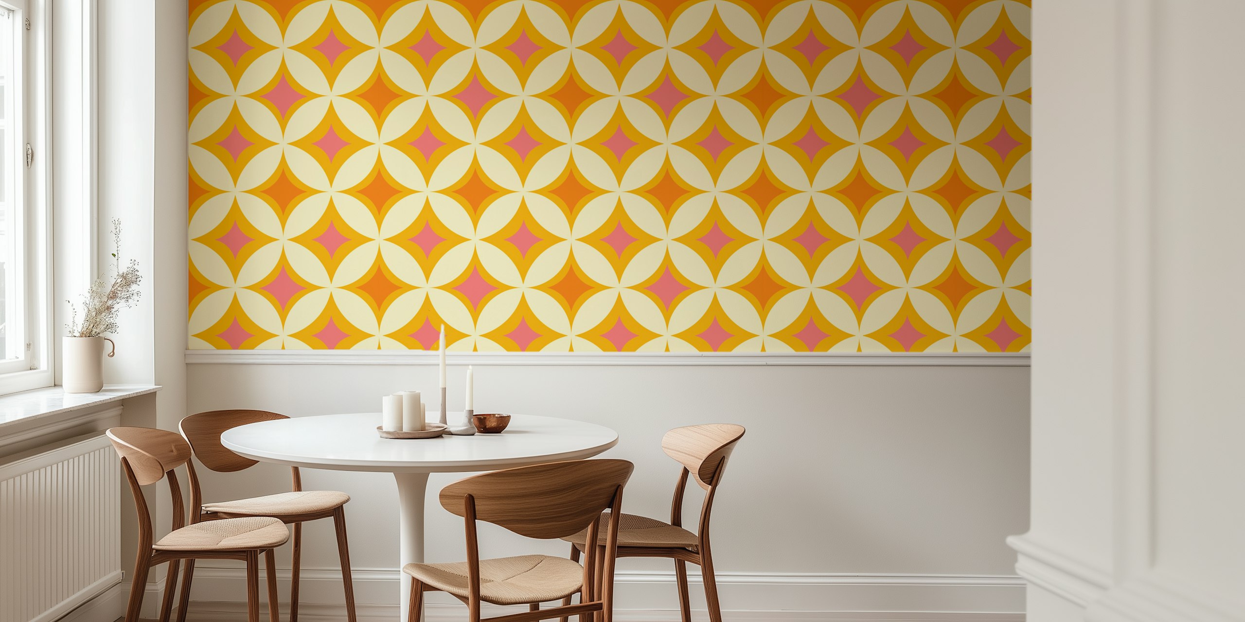 Retro tiles dot pink pattern wallpaper in a room