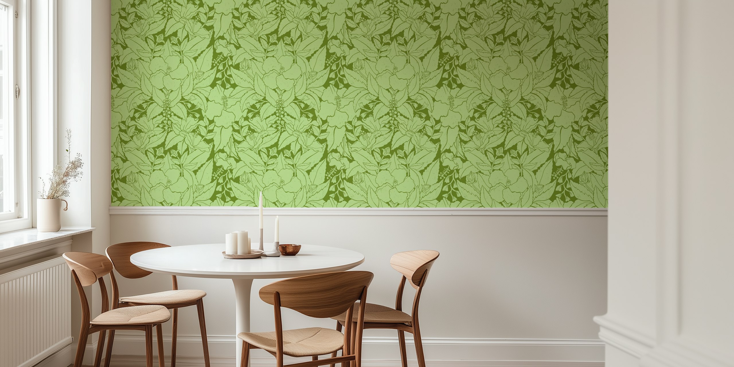 Hibiscus Damask Green wallpaper in a room