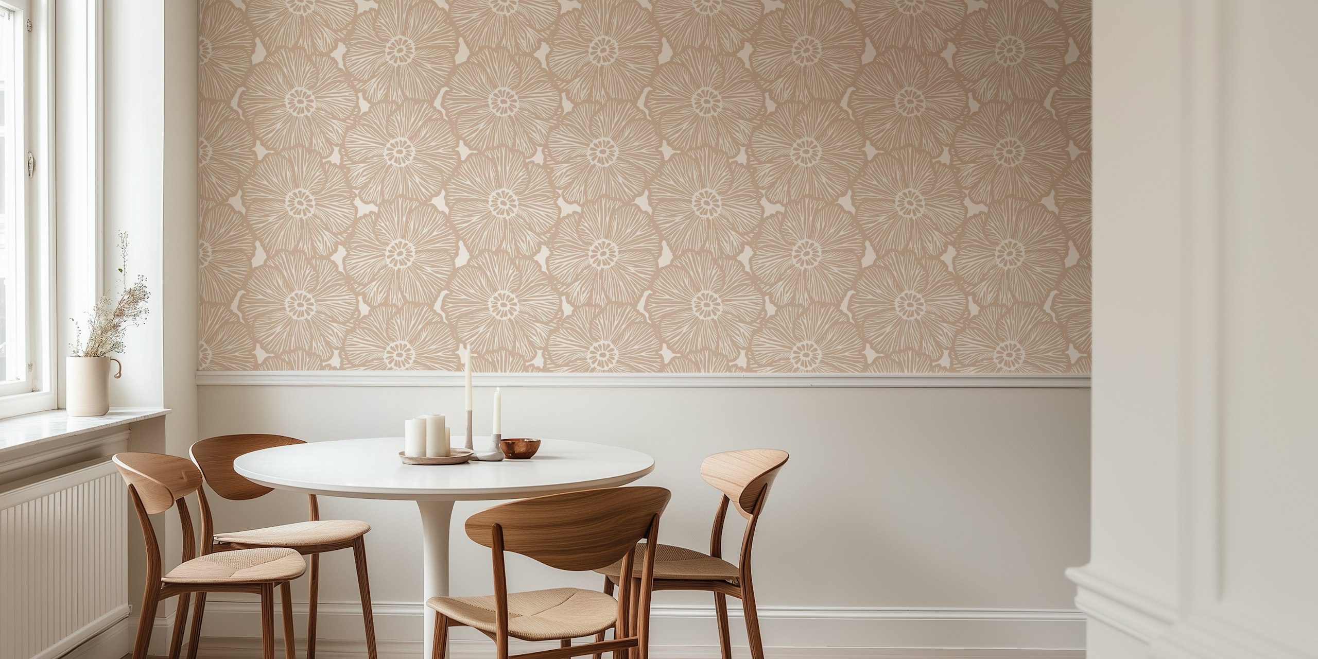 Floral pattern in neutral tones with line-art flowers wallpaper