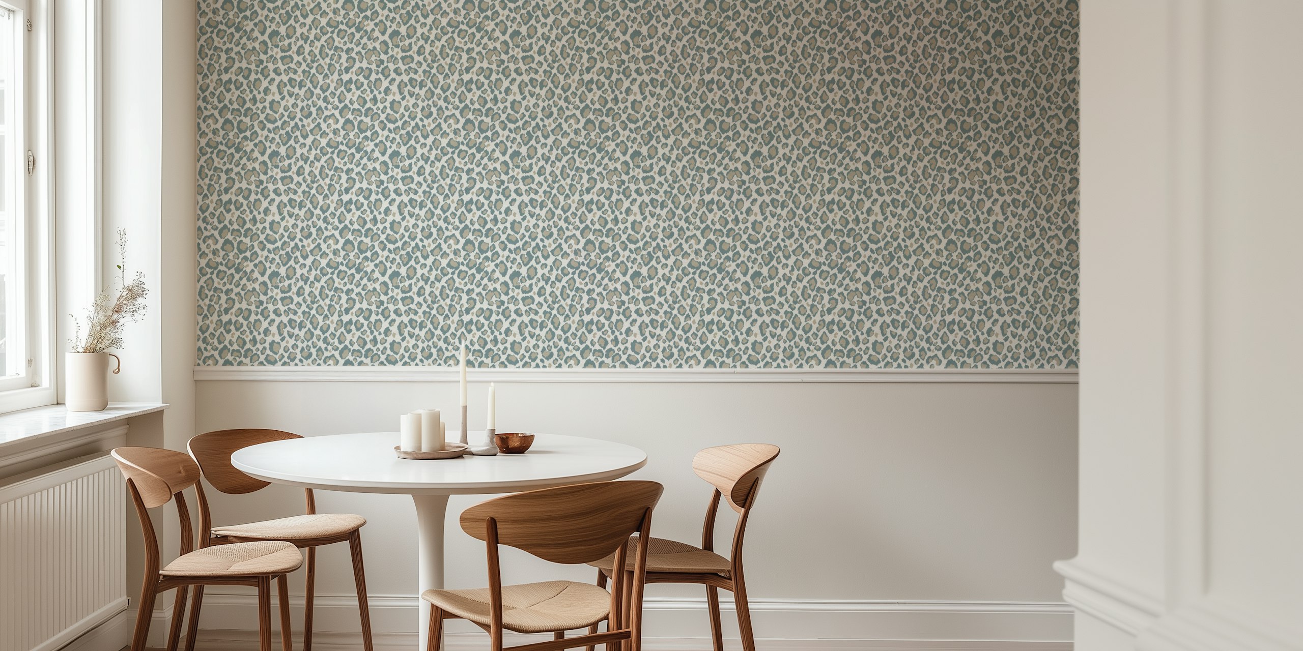 Beige leopard pattern wallpaper with blue spots and cream background