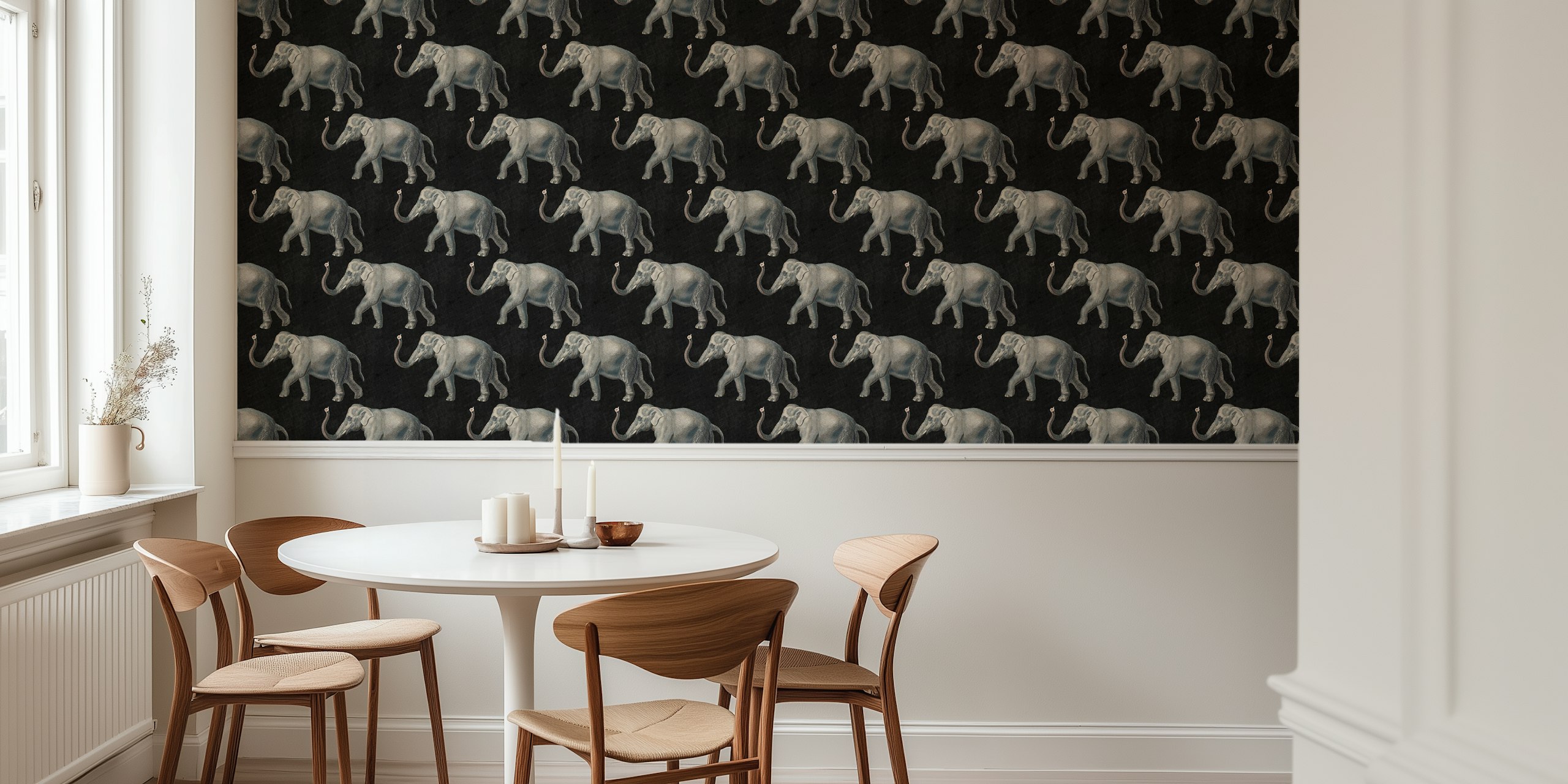 Vintage elephant pattern on black background wallpaper