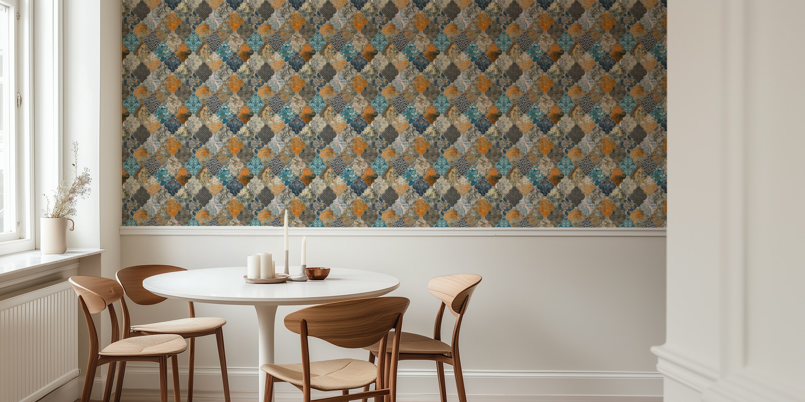 Ταπετσαρία Moroccan Tiles Orange Blue σε ένα δωμάτιο