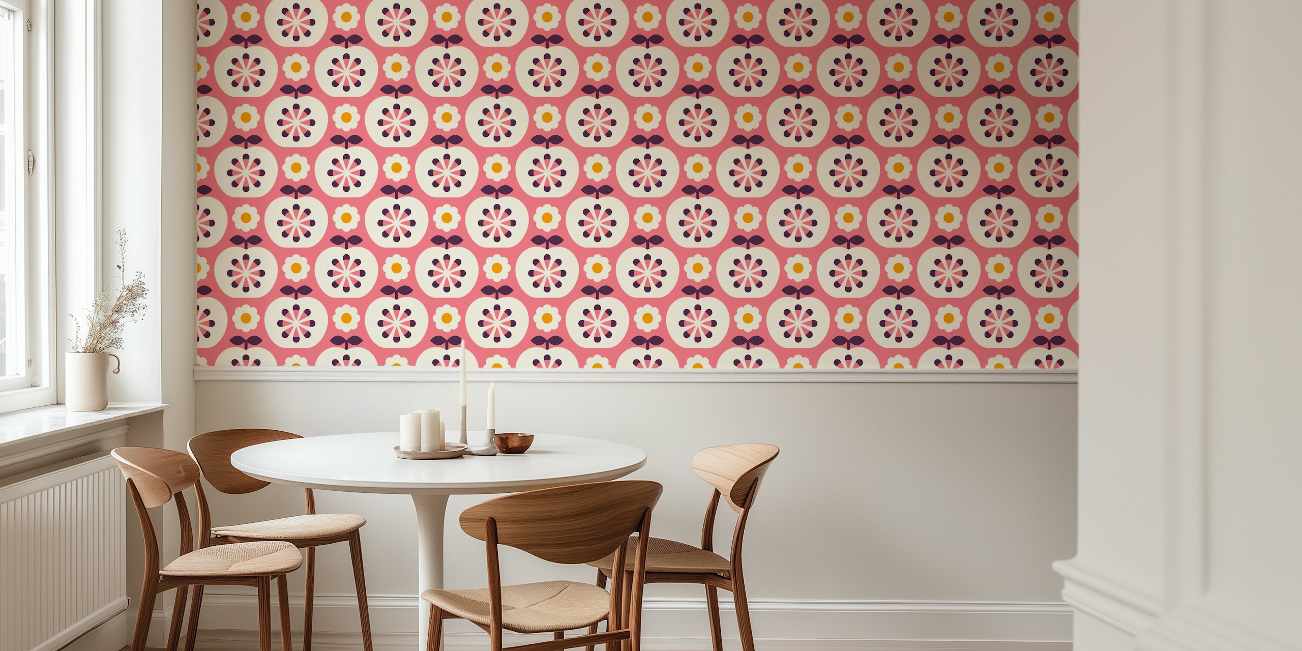 Retro pink wallpaper featuring stylized apples and flowers