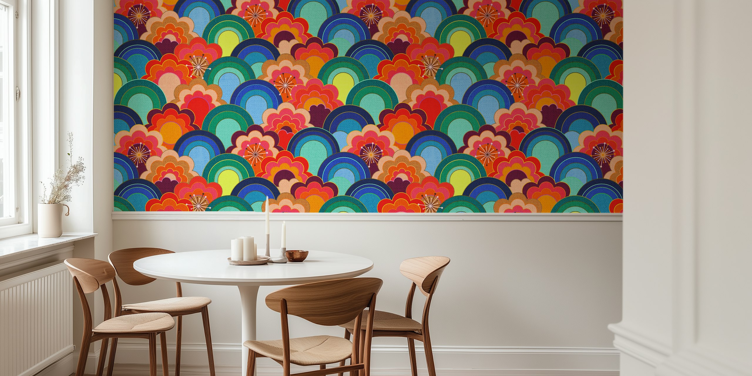 Colorful 70s flower wallpaper in a room setting