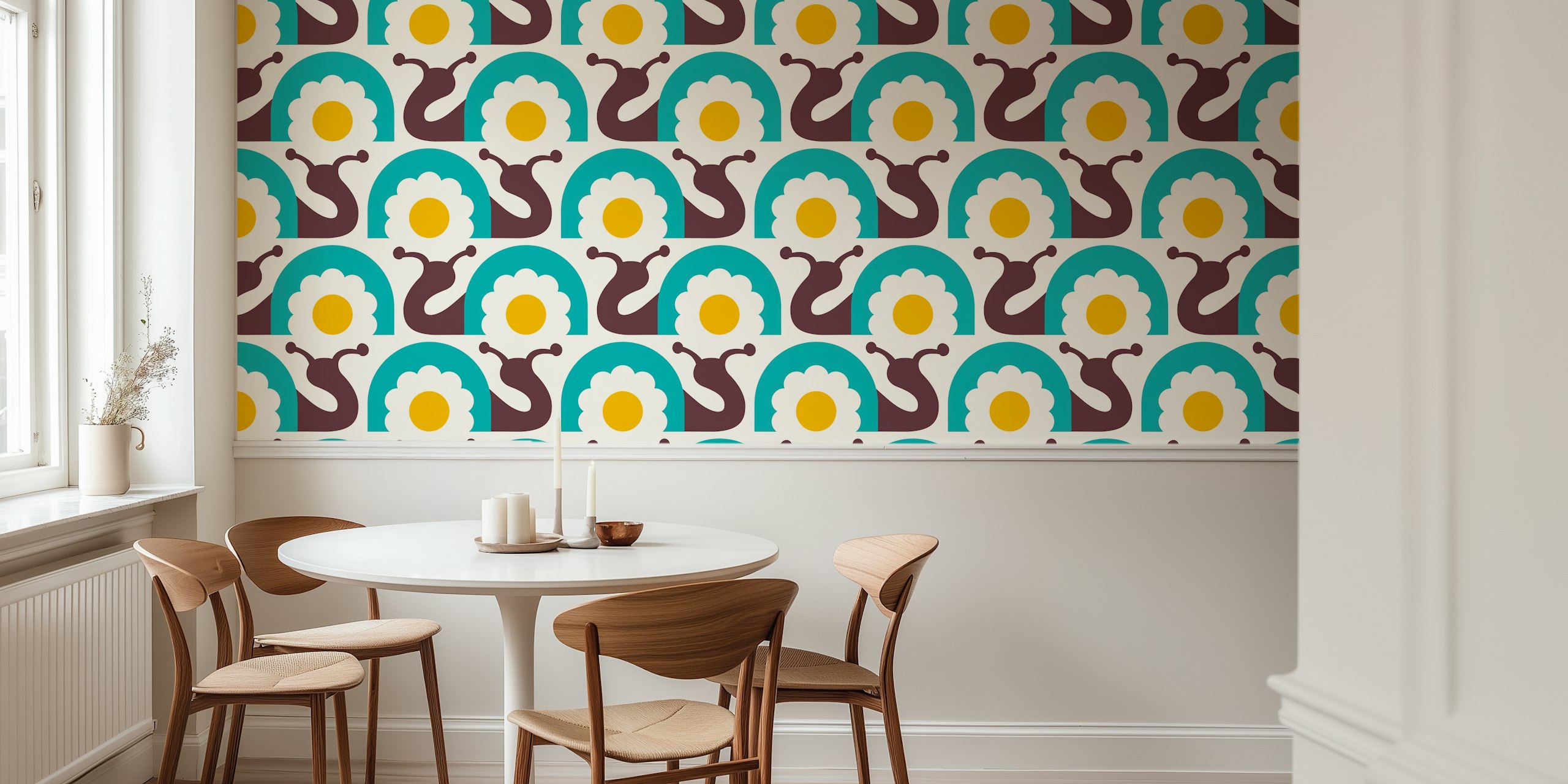 Retro snails and flowers wall mural in turquoise and yellow
