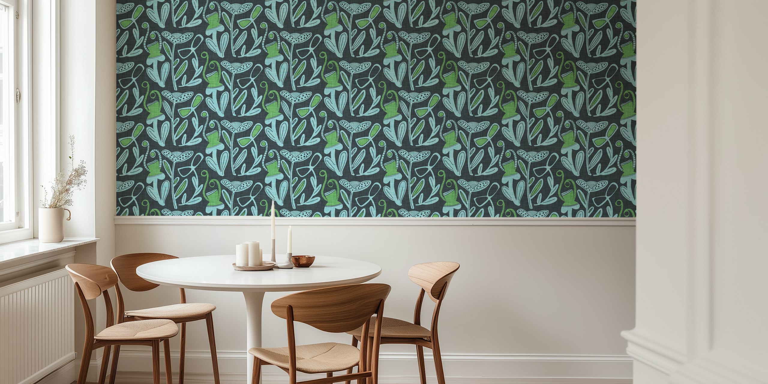 Modernes Retro-Boho-Wandbild mit kräftigem Blumenmuster mit stilisierten Blumen auf blauem und grünem Hintergrund