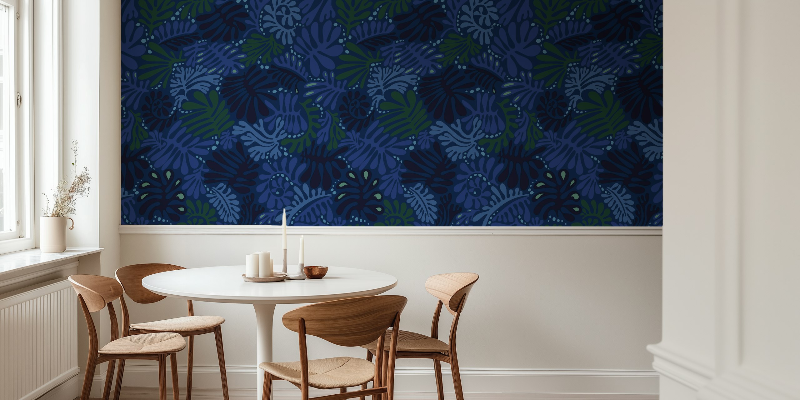 Intricate dark blue leaf pattern wallpaper
