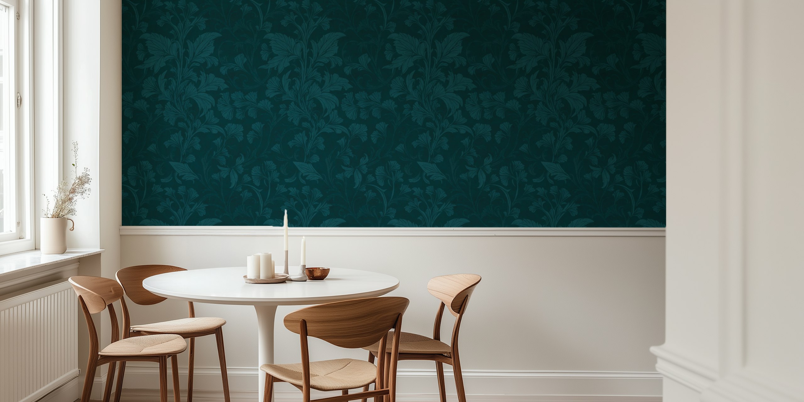 William Morris style monochrome flourish damask pattern wall mural in emerald teal