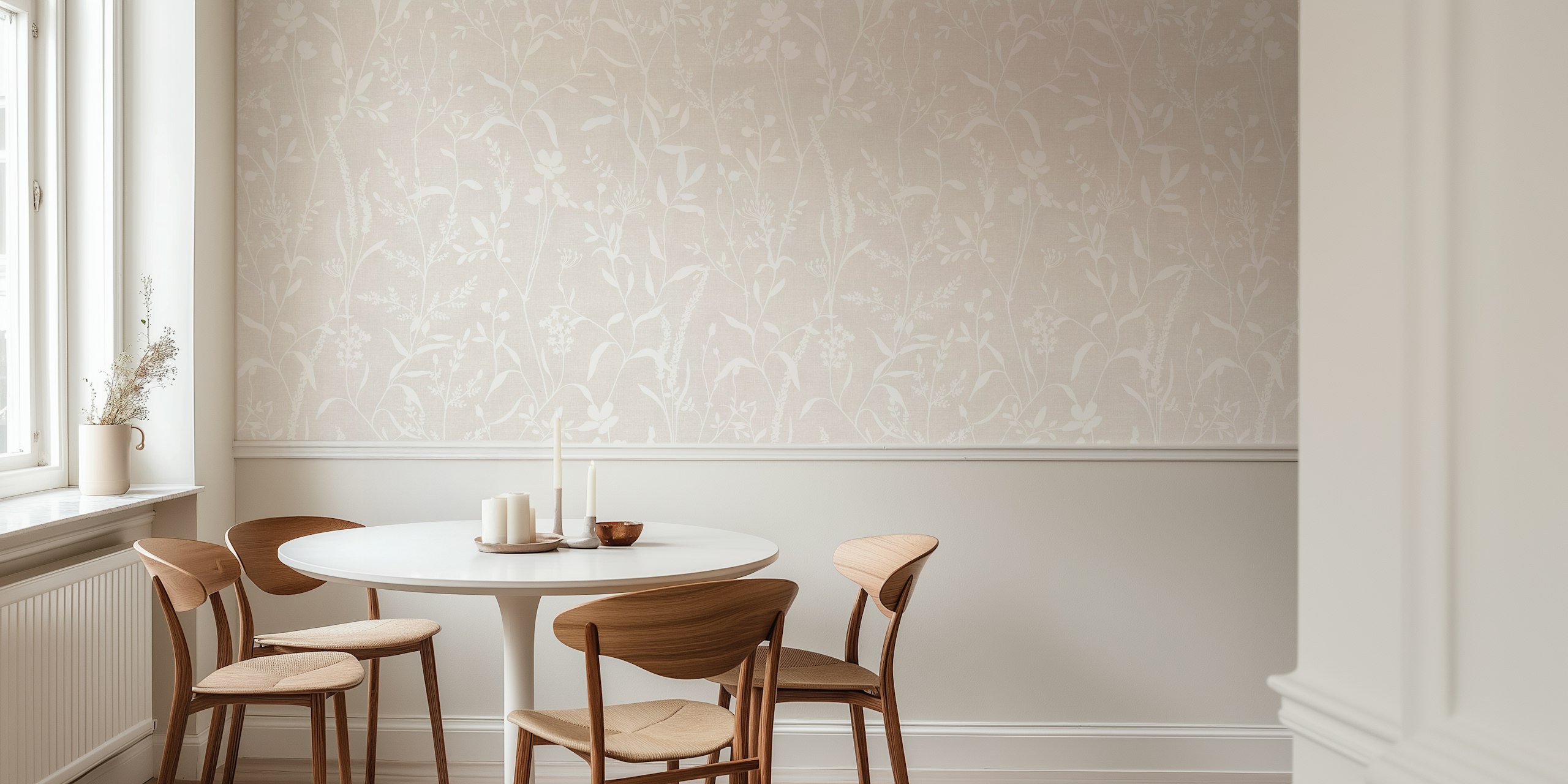 White botanical patterns on a neutral beige background wallpaper