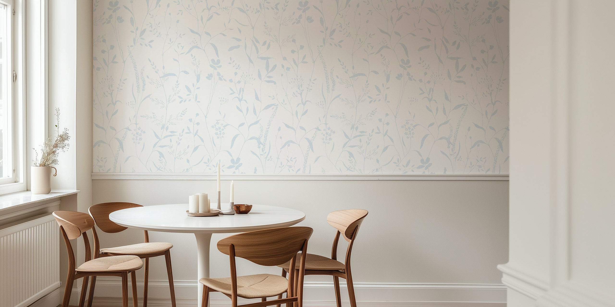 Light blue and gray botanical wall mural with subtle floral patterns