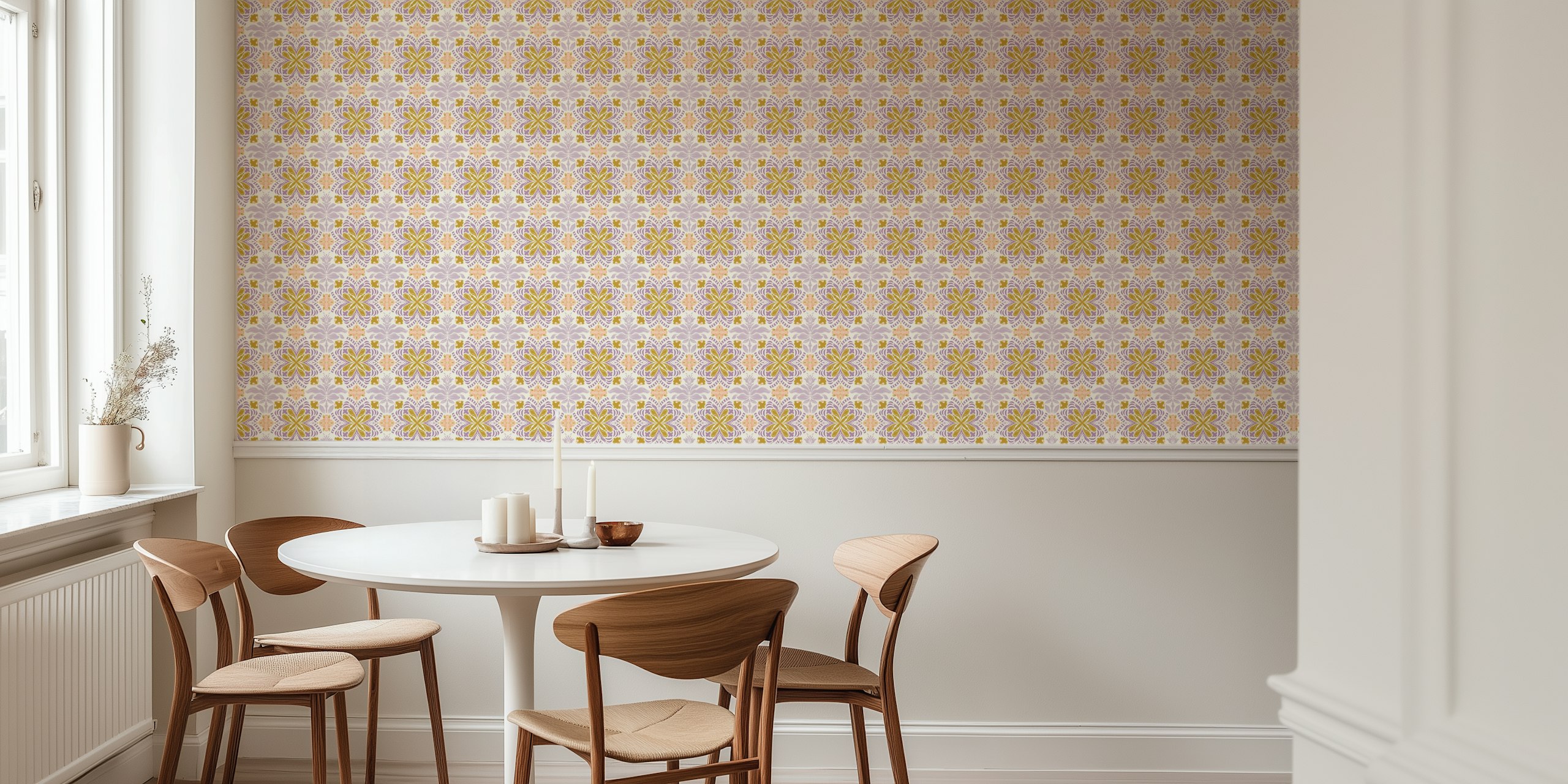 Purple floral wallpaper featuring intricate patterns in lavender, peach, and gold tones