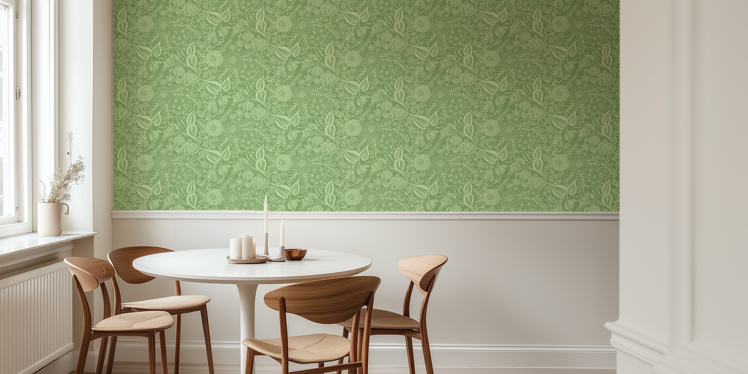 Soft green wall mural with a floral and bee garden pattern