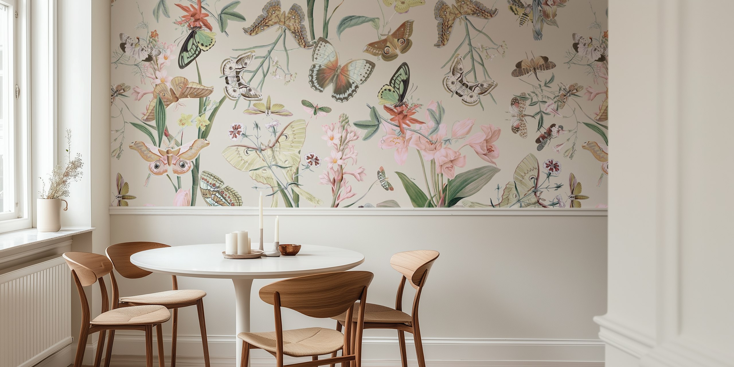 Floral butterfly wallpaper featuring pink flowers and various butterflies on a light background
